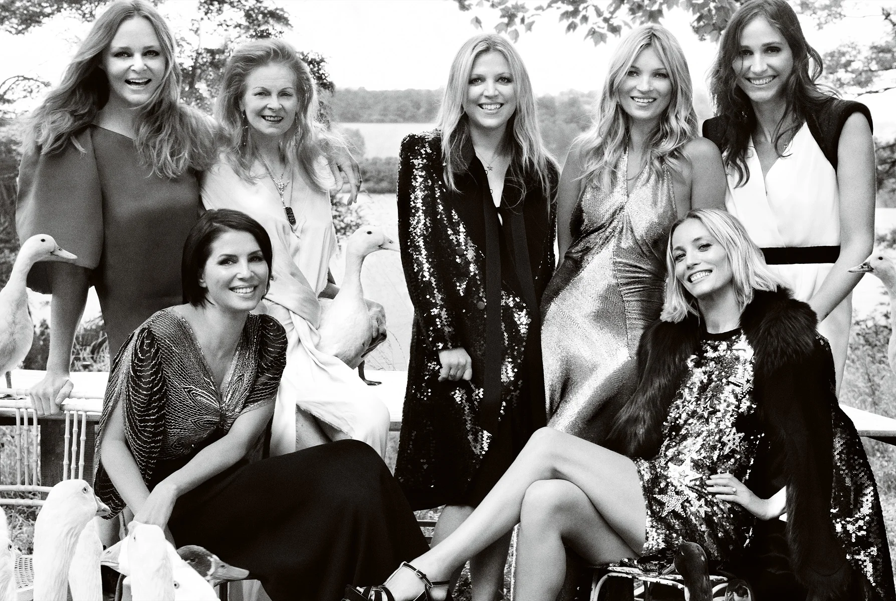 The bride with her matrons of honor. Top row, from left: Stella McCartney, Vivienne Westwood, Jess Hallett, Kate Moss, Rosemary Ferguson. Bottom row, from left: Sadie Frost, Lucie de la Falaise.