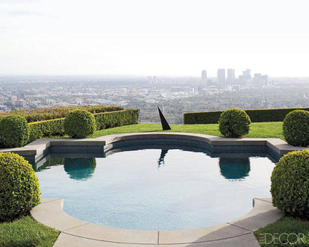 Boxwood and a kinetic sculpture by Peter Conze, over looking downtown LA.