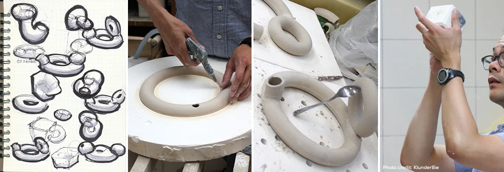   Crafted with slip-cast porcelain with white gloss glaze, at ENSA Limoges.  