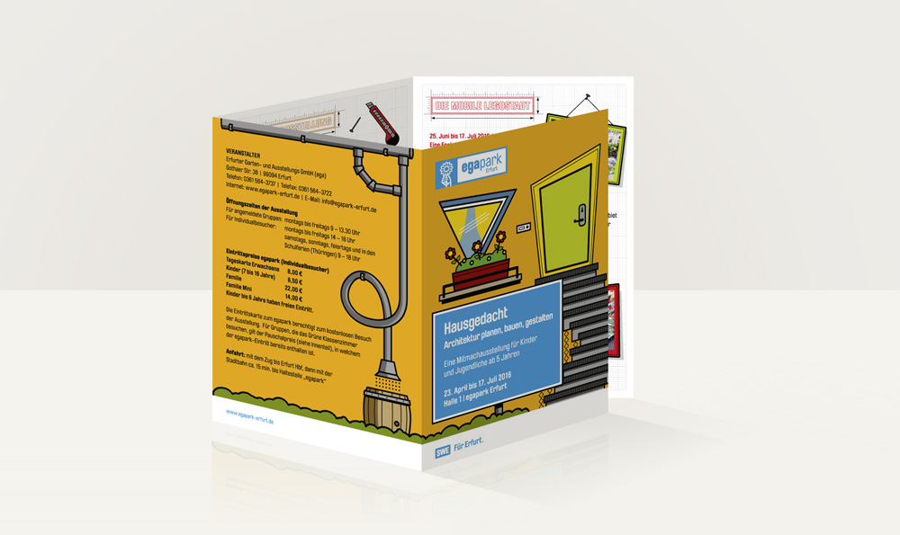 Die Aussenseiten des Flyers ergeben die Aussenwände eines Hauses. Jetzt können die Kids noch ein Dach basteln und fertig ist das erste Eigenheim.