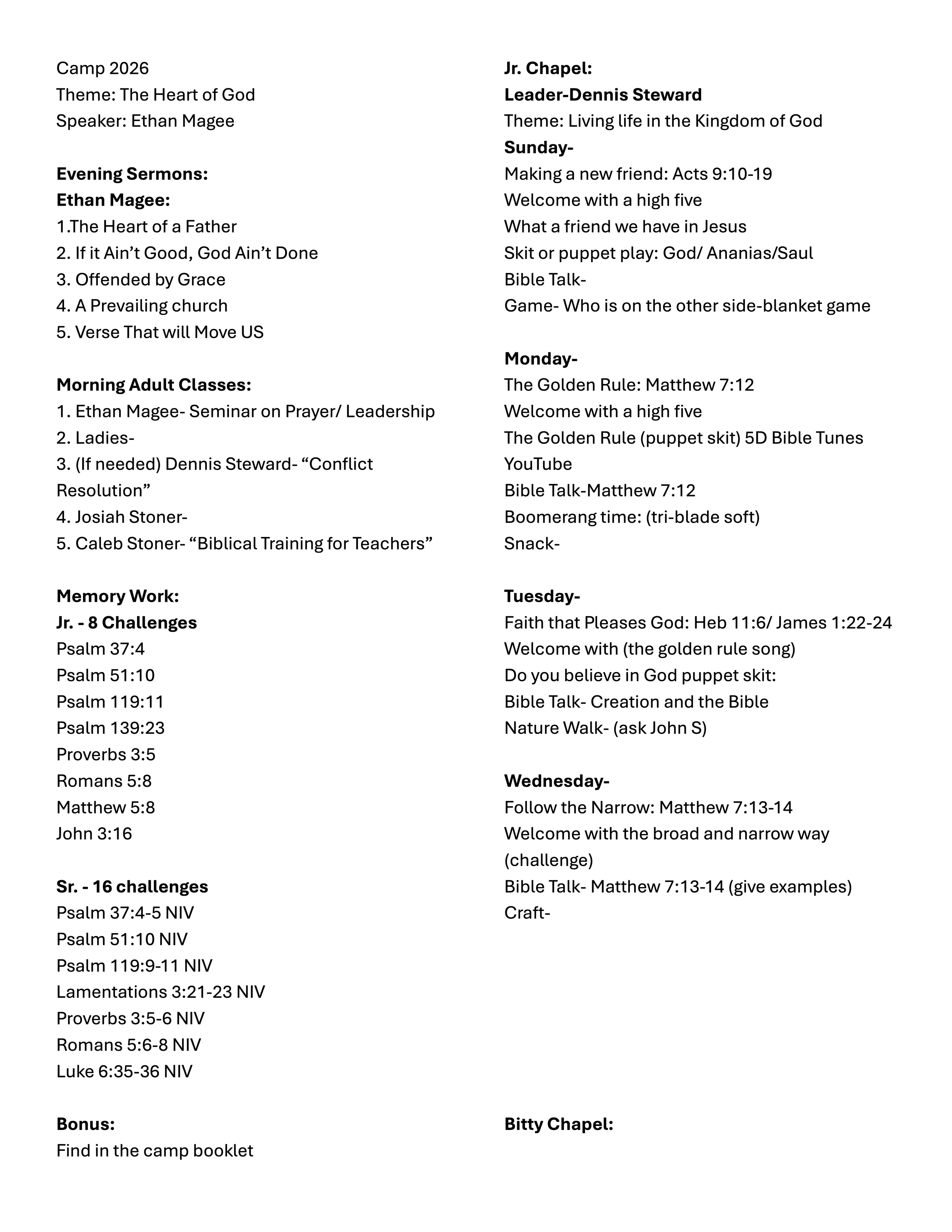 Listing of the sermons, classes for each day at camp