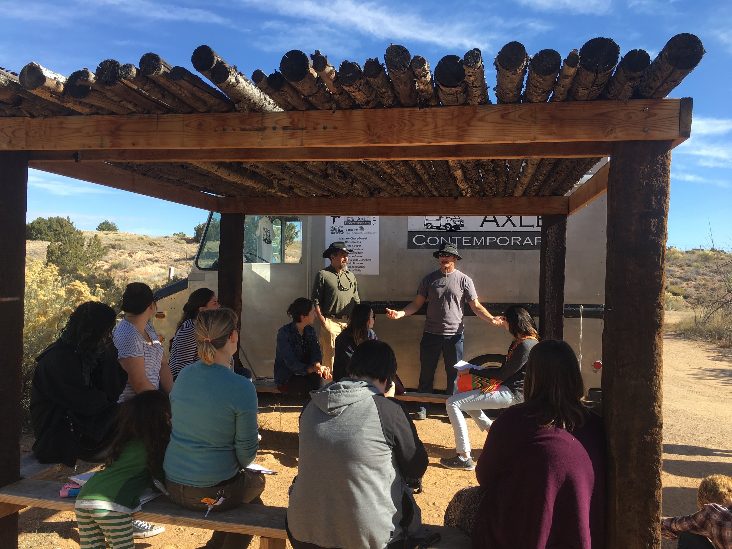 Joshua Willis talking to students from the Santa Fe Art Instutute (SFAI), Leonara Curtain Wetland, Santa Fe Botanical Gardens, Santa Fe, New Mexico, 2016