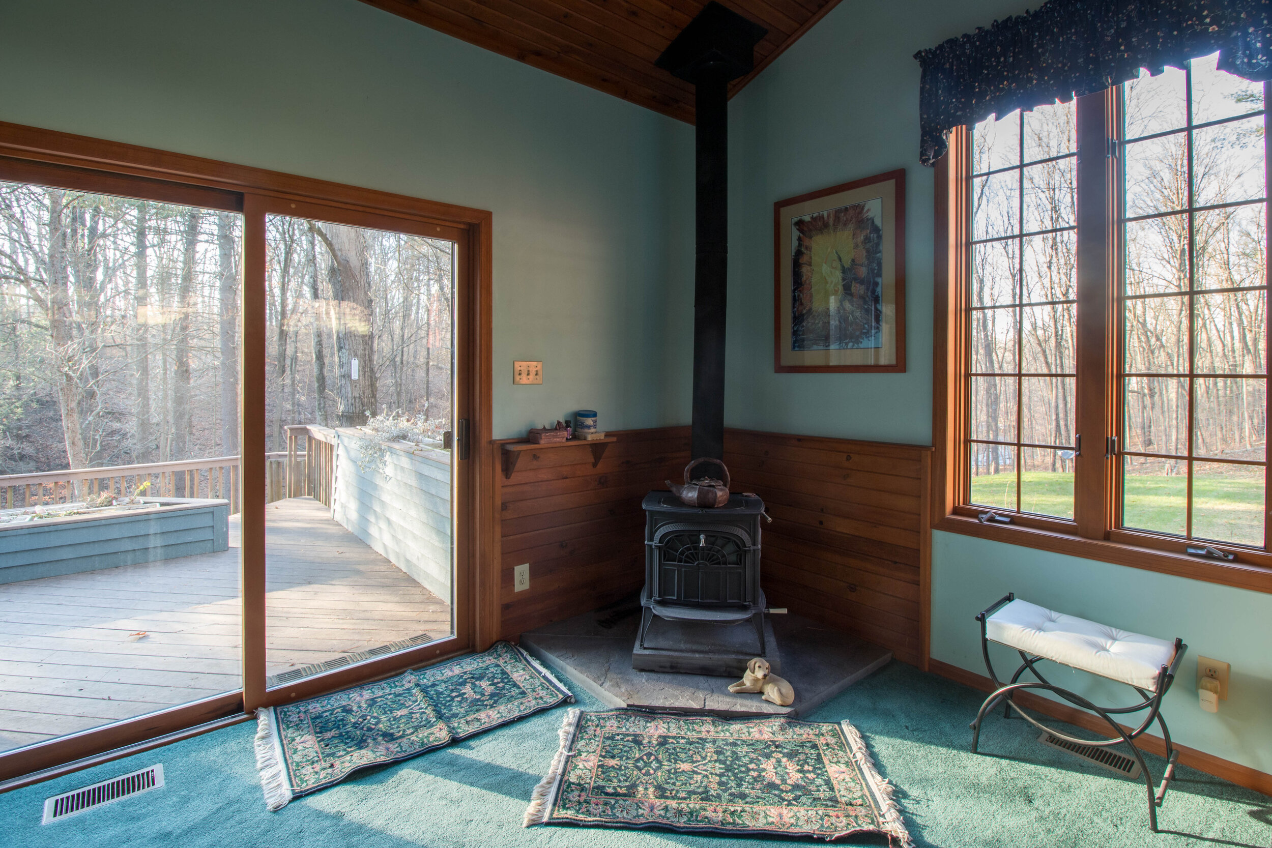  Bedroom with the blueish green carpet, sliding door and a wood burning stove in the corner by the sliding glass door. 