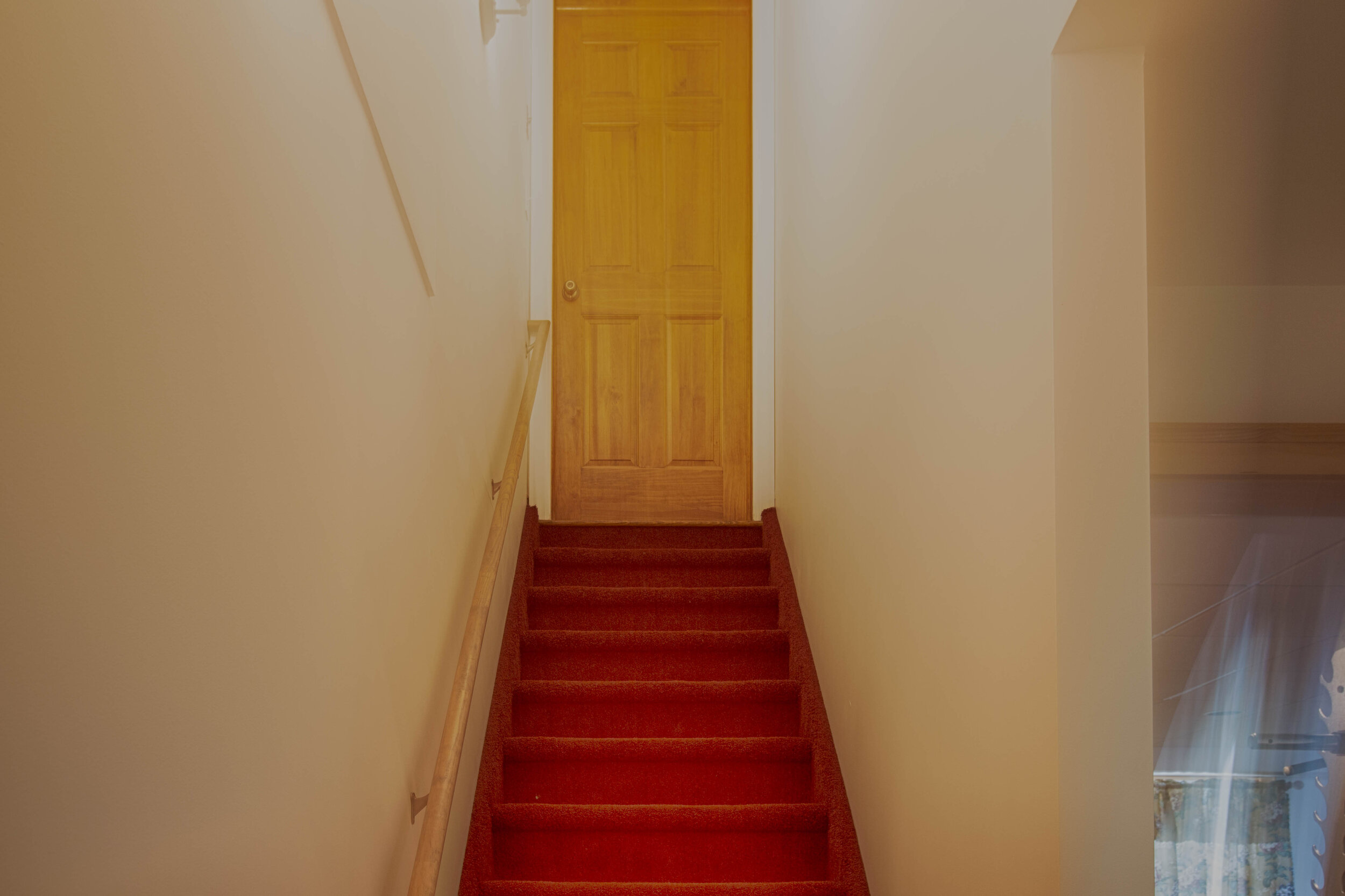  Picture of the stairs with red carpeting that lead up from the basement. 