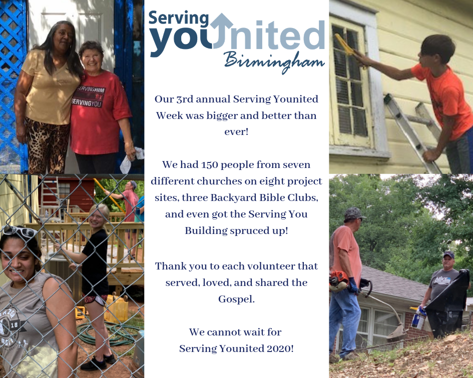 Our 3rd annual Serving Younited Week was bigger and better than ever! We had 150 people on eight project sites, three Backyard Bible Clubs, and even got the Serving You Building spruced up!.png