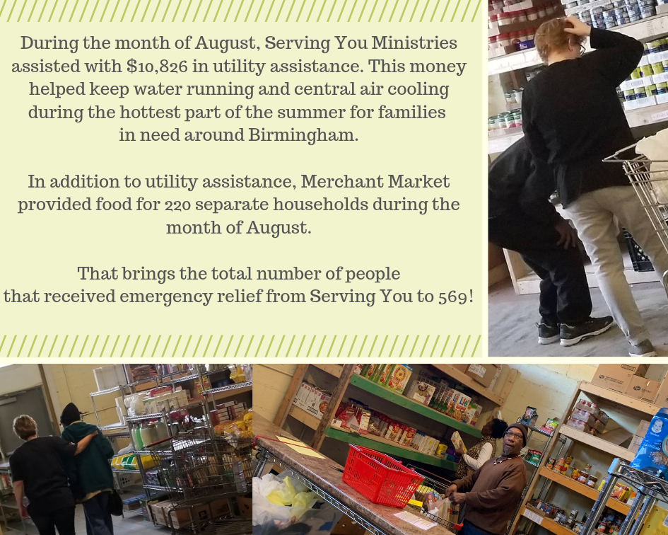 During the month of August, Serving You Ministries assisted with $10,826 in utility assistance. This money helped keep water running and central air cooling during the hottest part of the summer for families in need .png