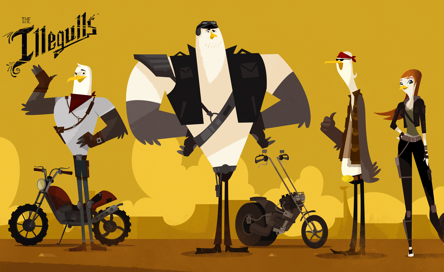 THE ILLEGULLS Animated Series Characters for our intellectual property 'The Illegulls' about a gang of motorcycle-riding seagulls out in the deserts of Claw Valley. 'The Illegulls' is Trademark and Copyright Justin Claus Harder, 2015. All Rights Reserved.