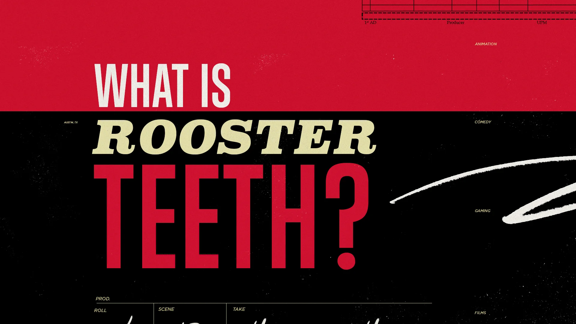 ROOSTER TEETH Marketing Reel 2016 | Concept, Design, Animation and Production We were recently approached by Rooster Teeth in Austin to design and edit their 2016 marketing reels. Using their brand colors as a jumping off point, we established a type system that could infuse their content with energy and life, conceptually molding their quirky brand of comedy with slick and stylish visuals. Client: Rooster Teeth Director: Matt Hullum