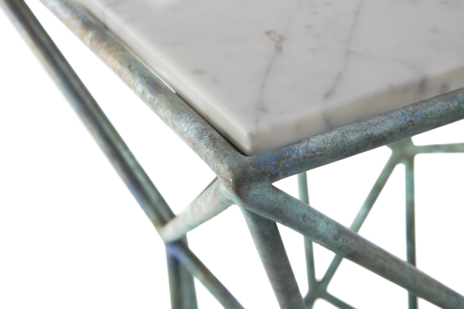 Archimedes side table, steel, marble, Matthew Shively