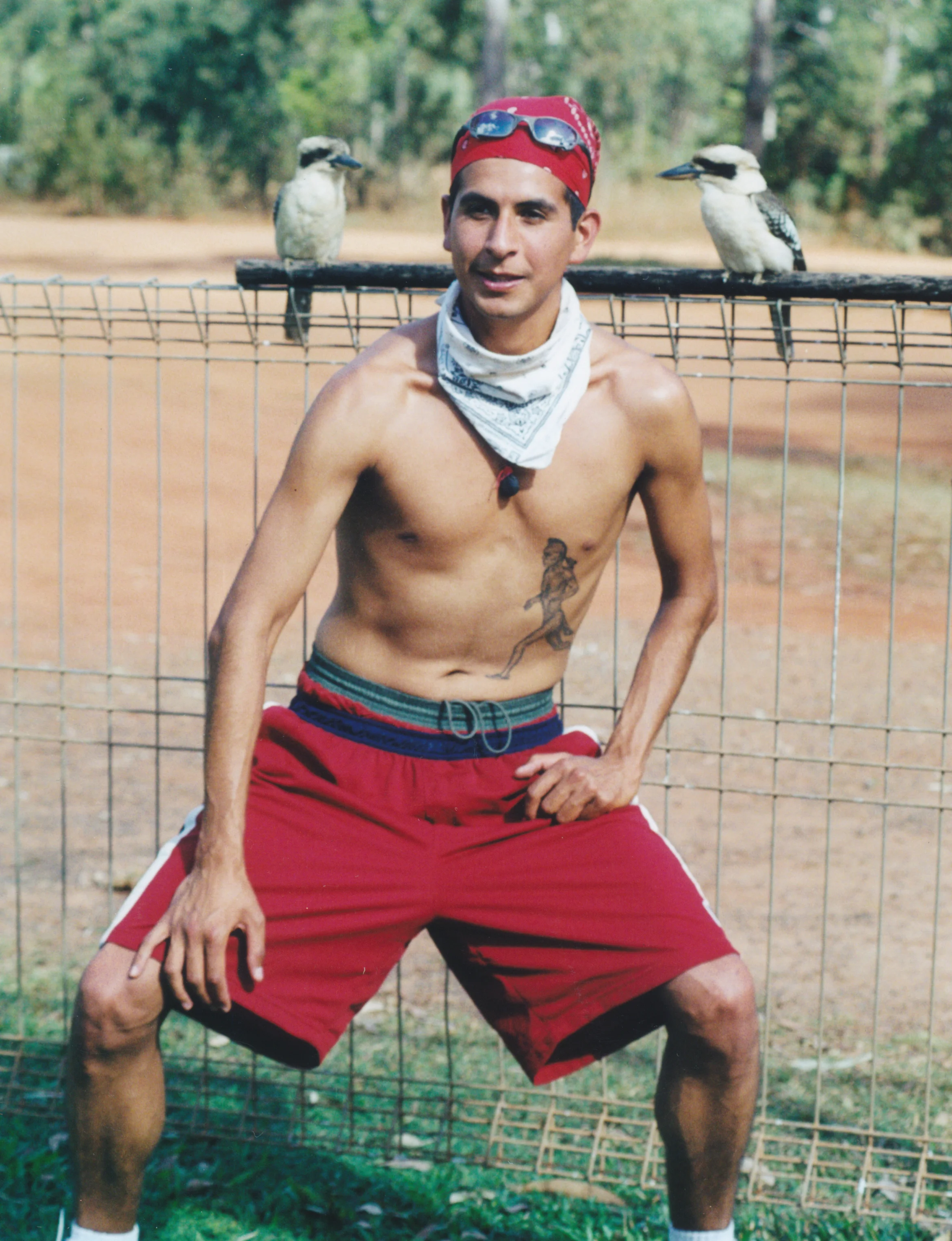  Emillio posing with 2 semi-tame Kookaburras near Halls Creek, Western Australia