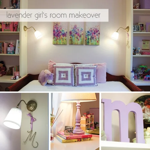 lavender girl's room makeover with built in shelves and gold sconces image.jpg