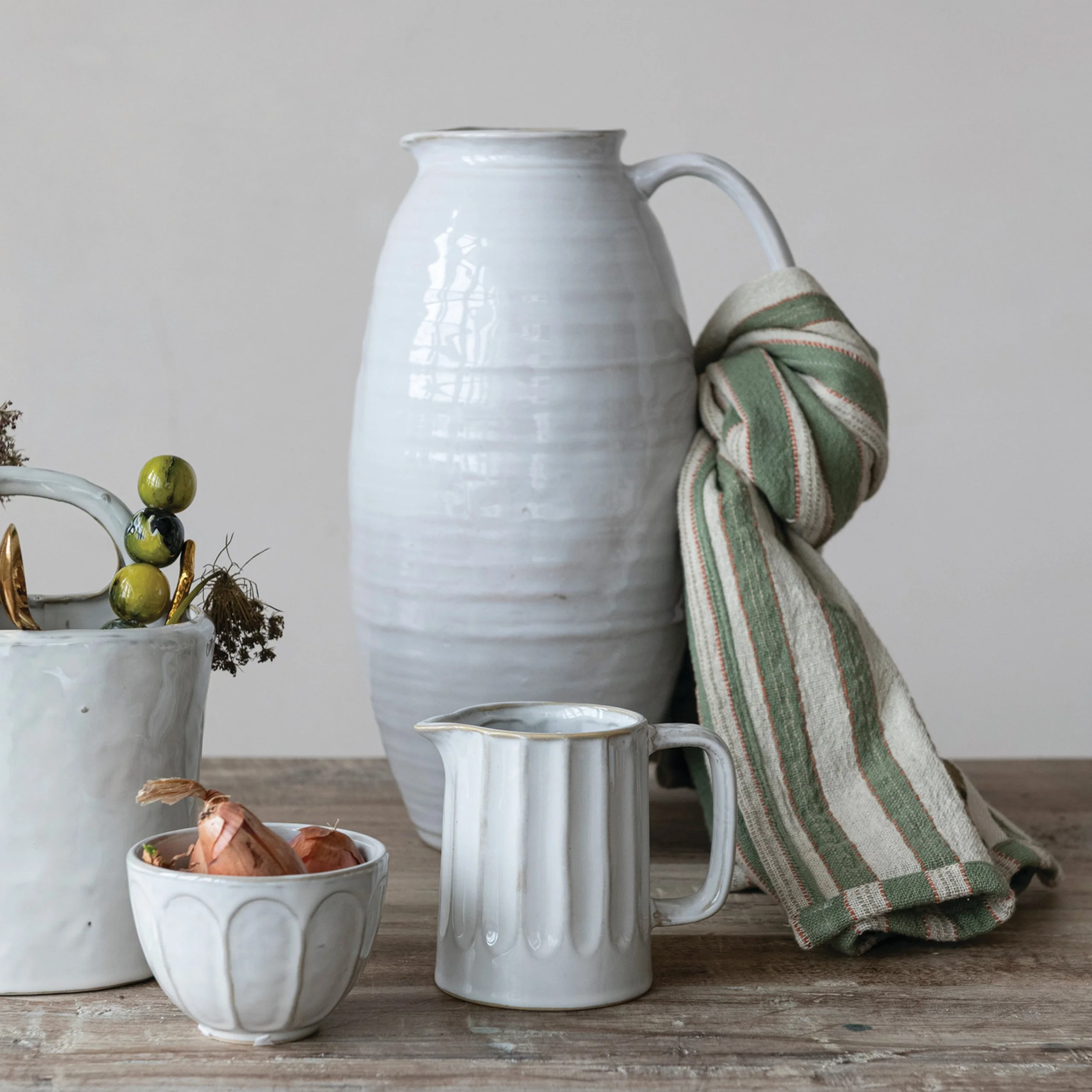 Ceramic Narrow White Pitcher with Handle