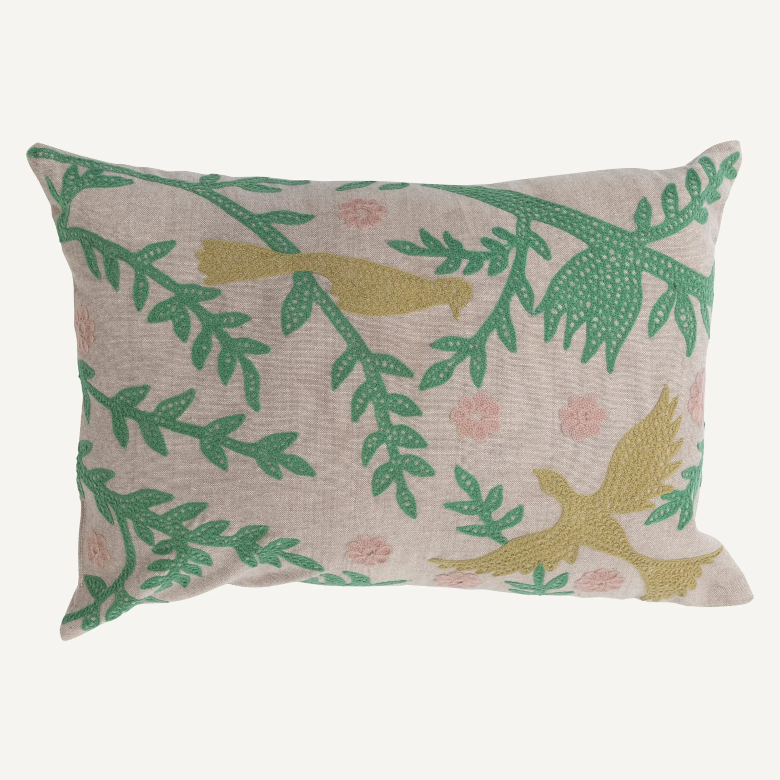 Cotton Lumbar Pillow with Bird Embroidery