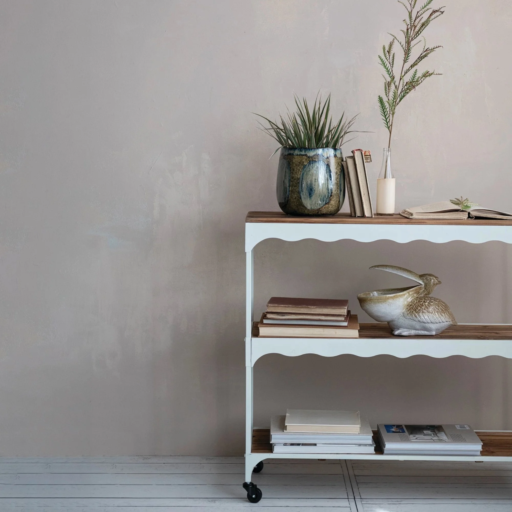 Metal & Wood 3-Tier Scalloped Cart on Casters (Pickup Only)