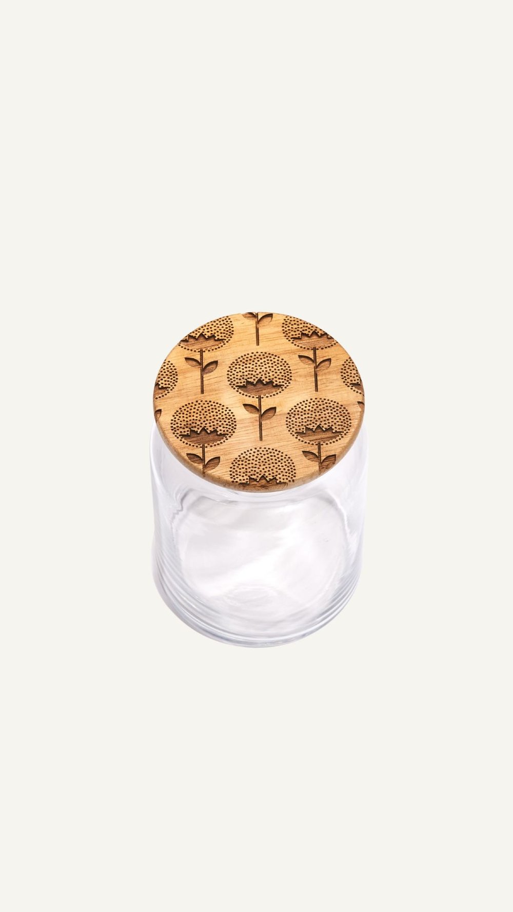 Boca tall glass jar - wooden lid with flower - Curiosa Cabinet