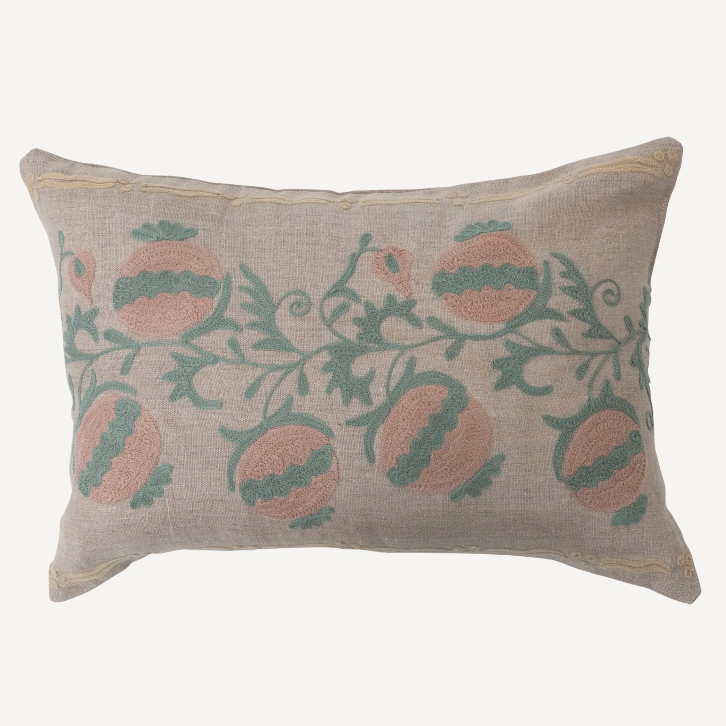 Cotton Lumbar Pillow with Baby Blue and Pink Embroidery