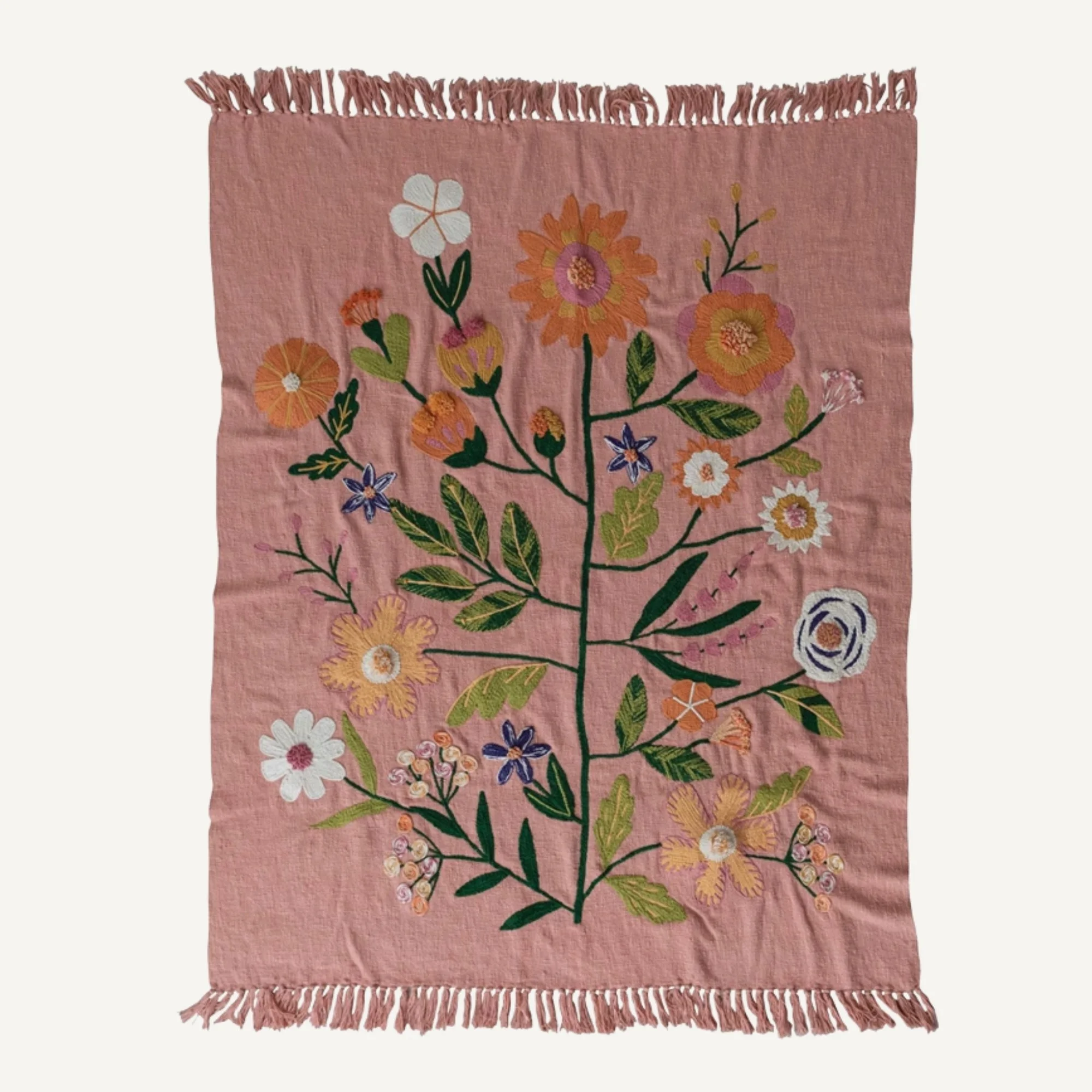 Pink Embroidered Flowers Cotton Throw