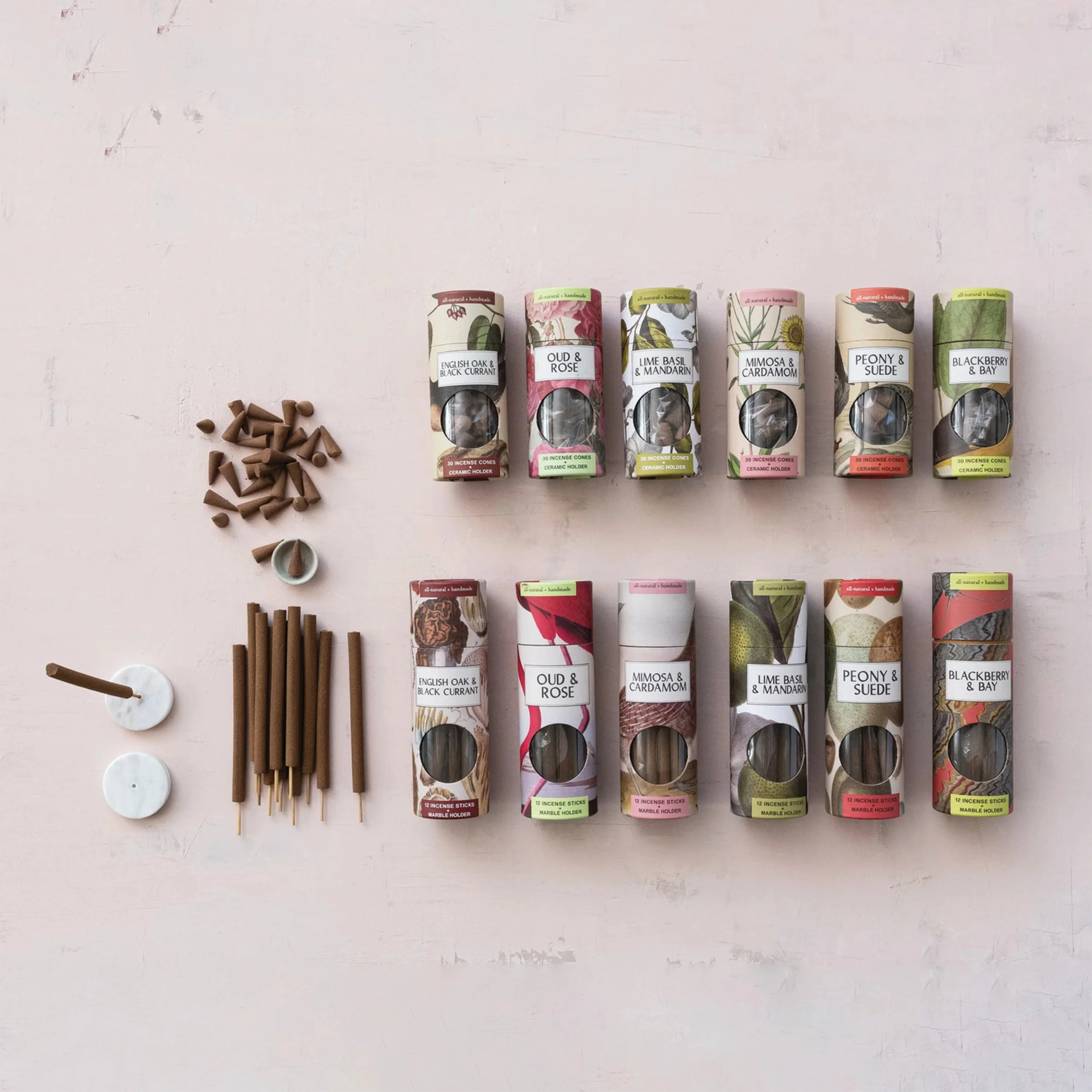 Peony + Suede Scented Thick Incense Sticks with Marble Stand