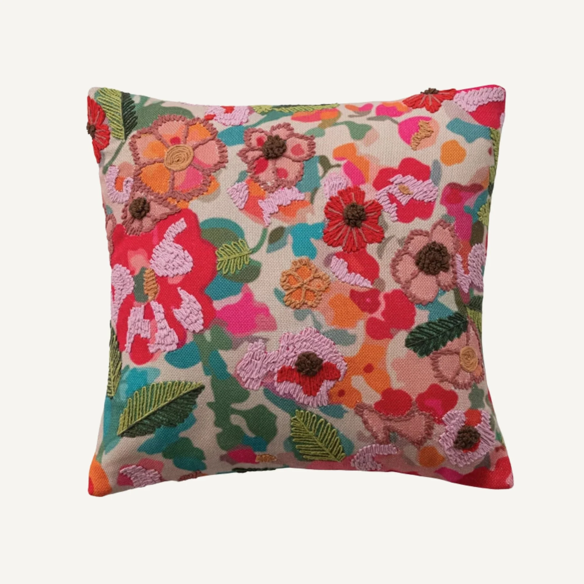 Bright Floral Embroidered Square Pillow