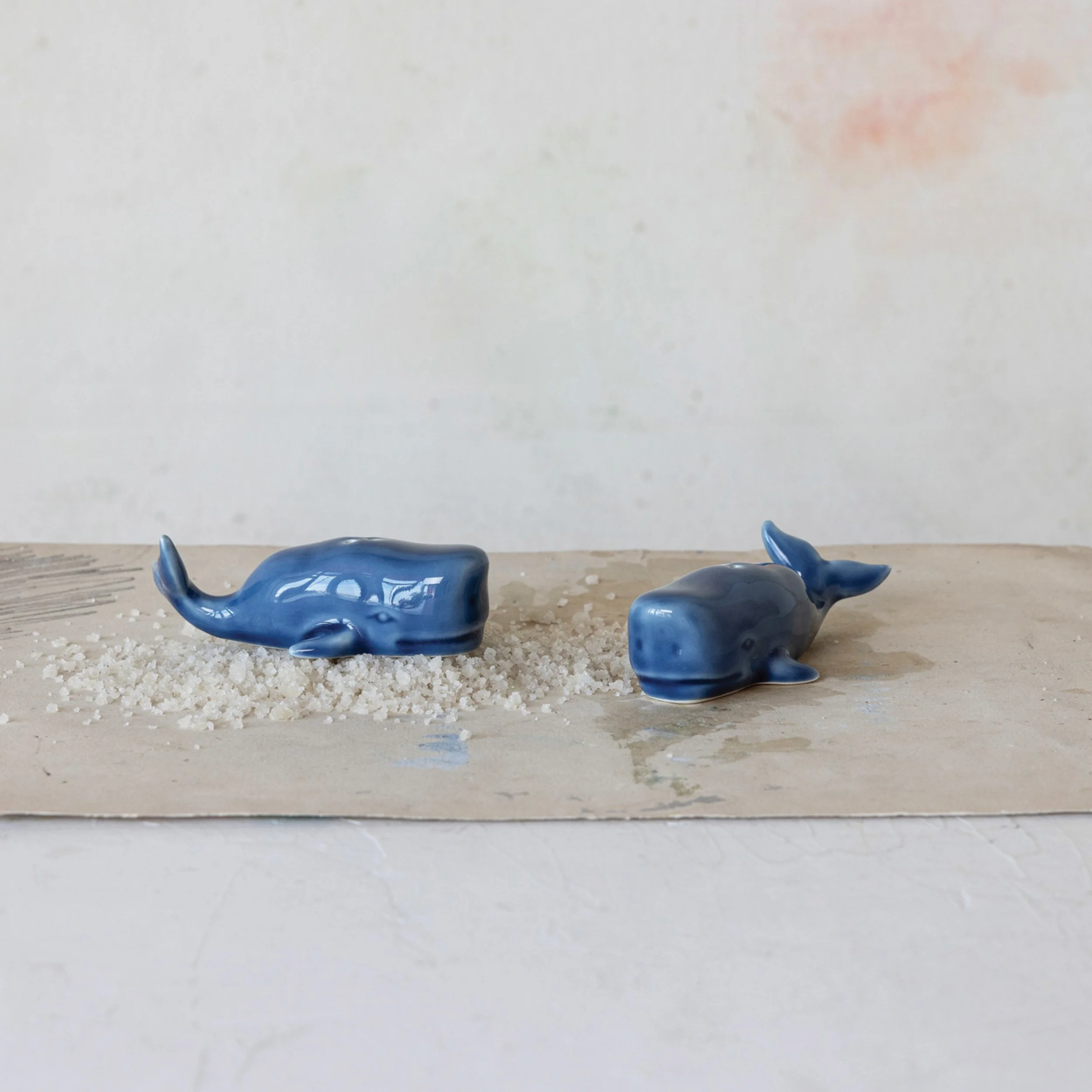 Stoneware Whale Salt + Pepper Shaker Set