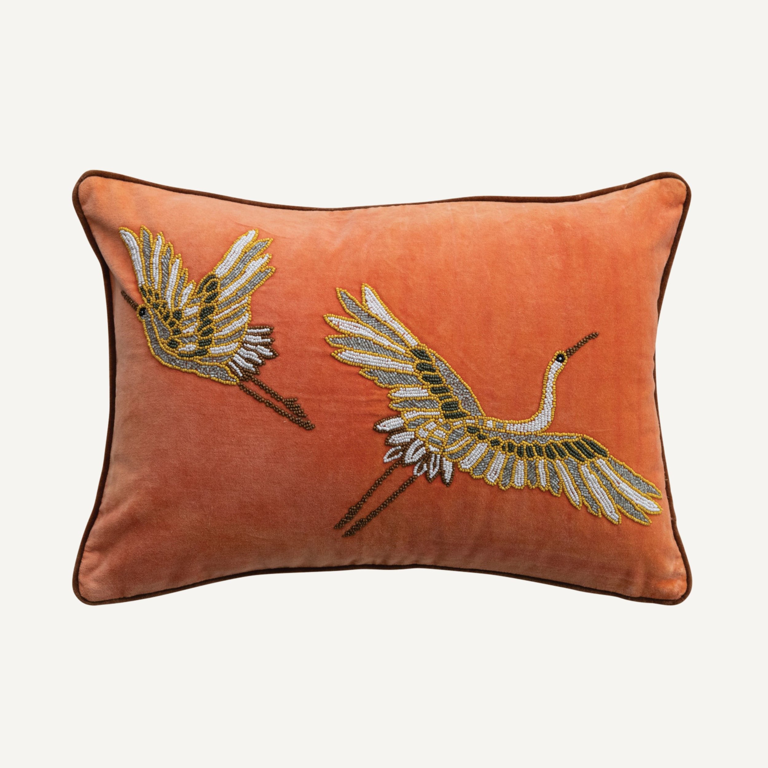 Beaded Crane Velvet Pillow