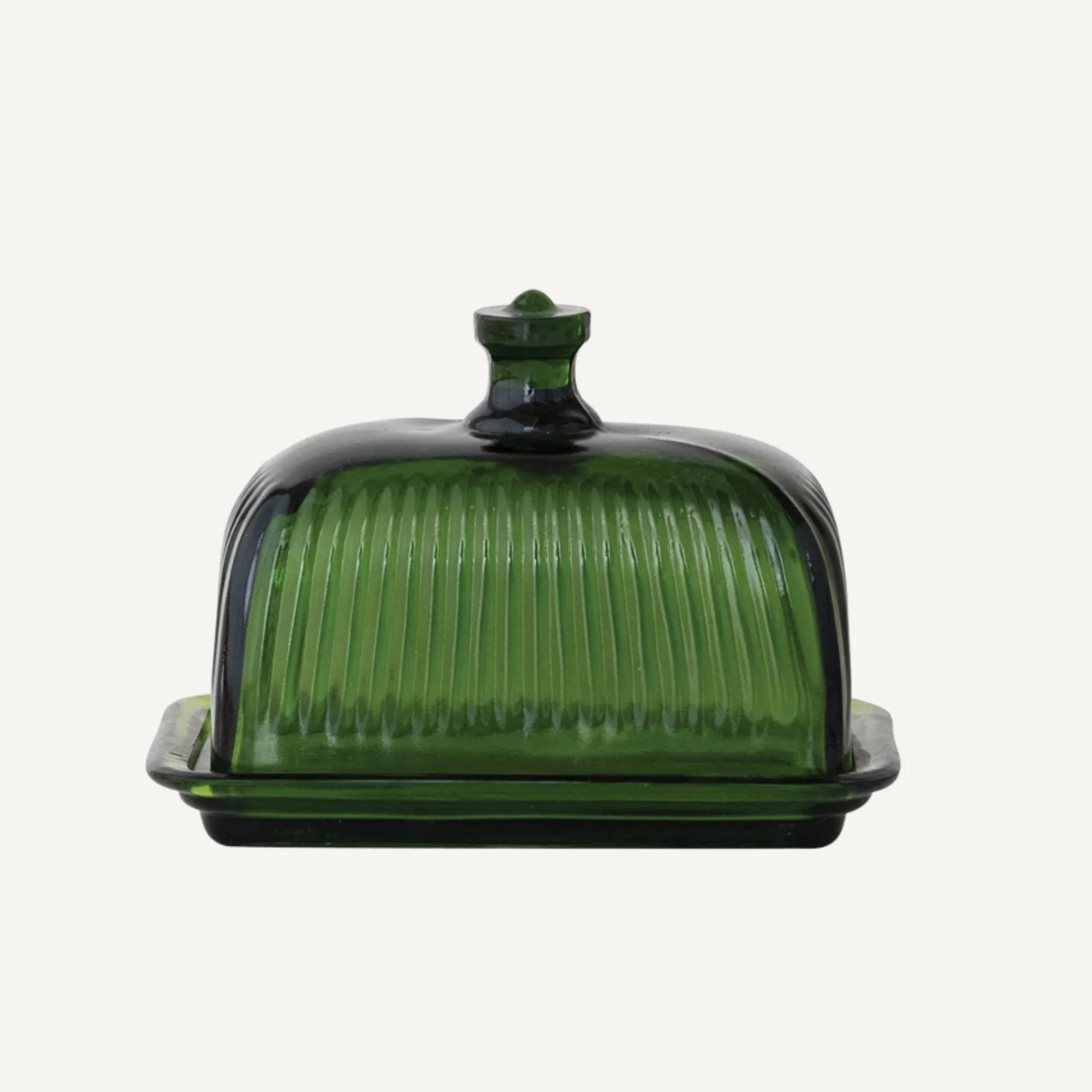 Pressed Ribbed Green Glass Butter Dish