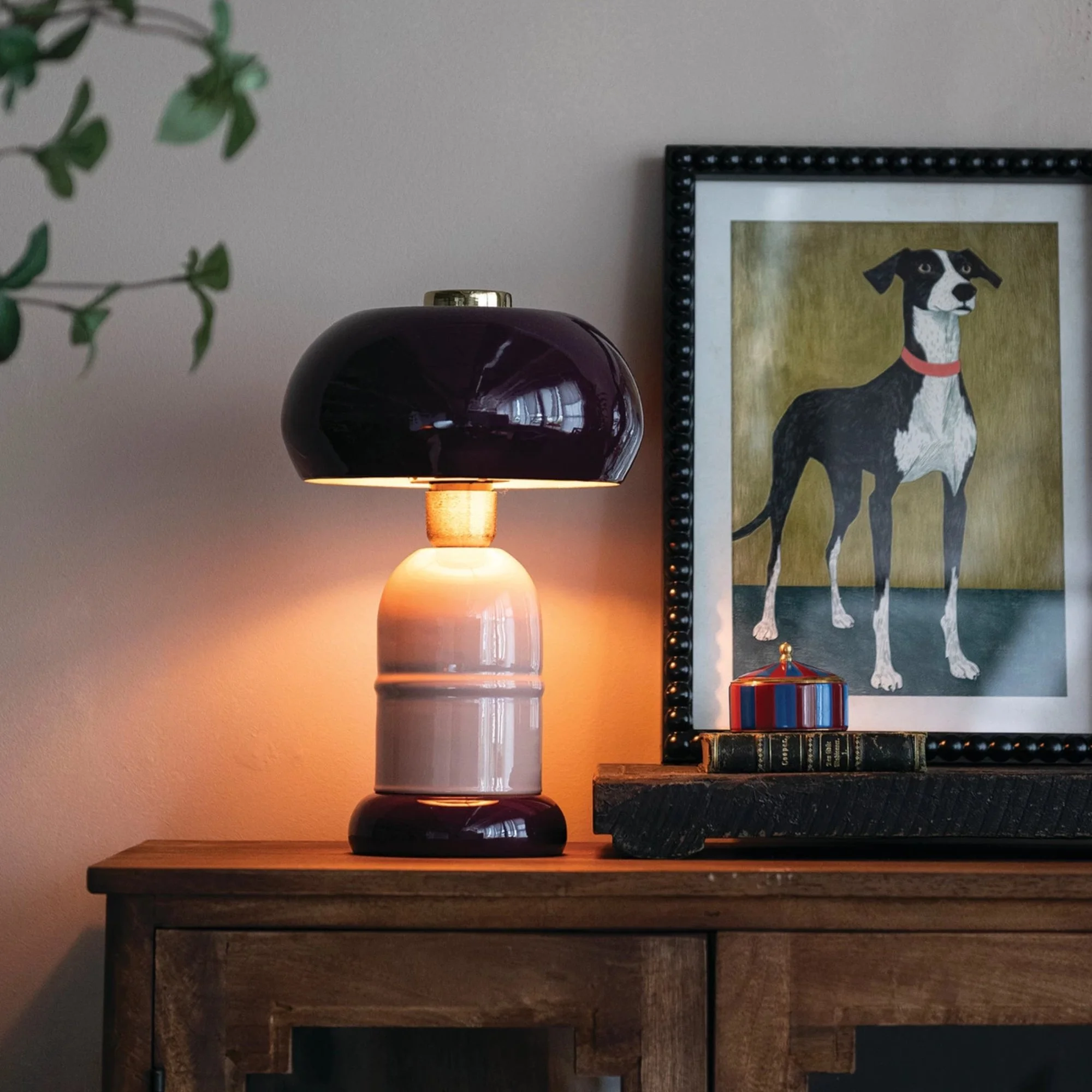 Plum and Lavender Enameled Metal Table Lamp