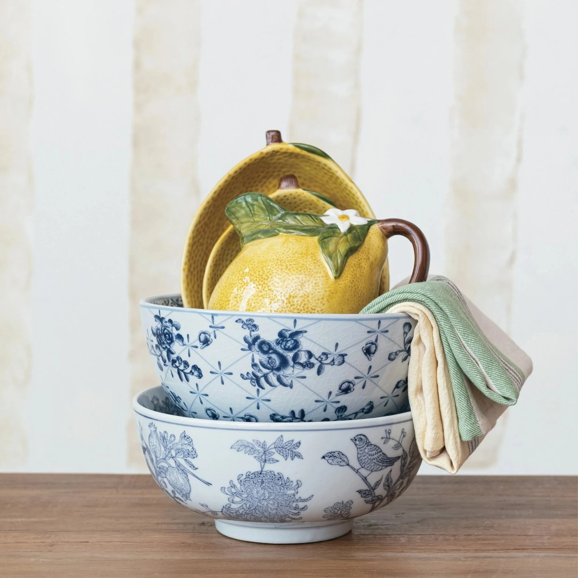 Hand-Stamped Stoneware Bowl with Birds & Botanicals