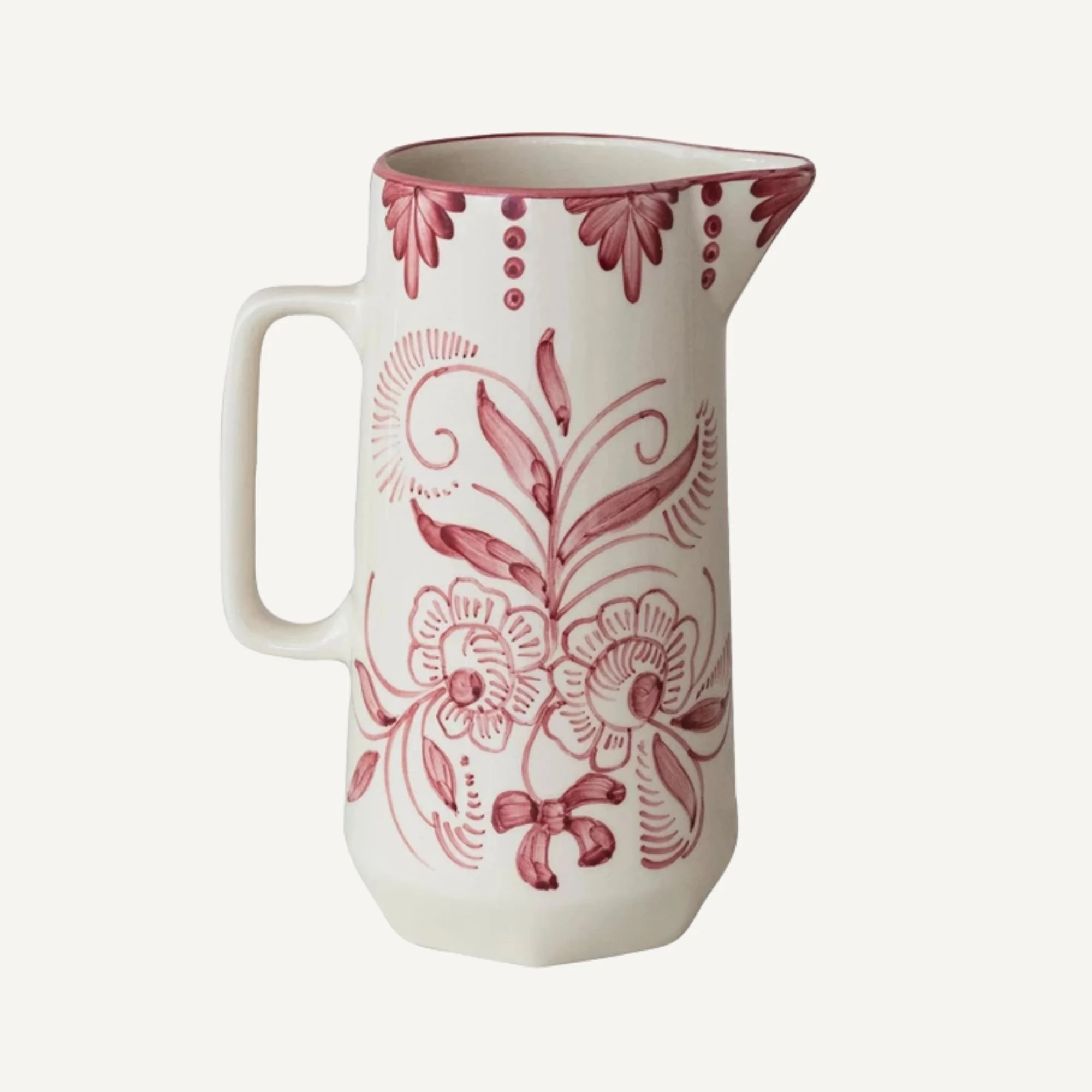 Hand Painted Burgundy and White Stoneware Pitcher