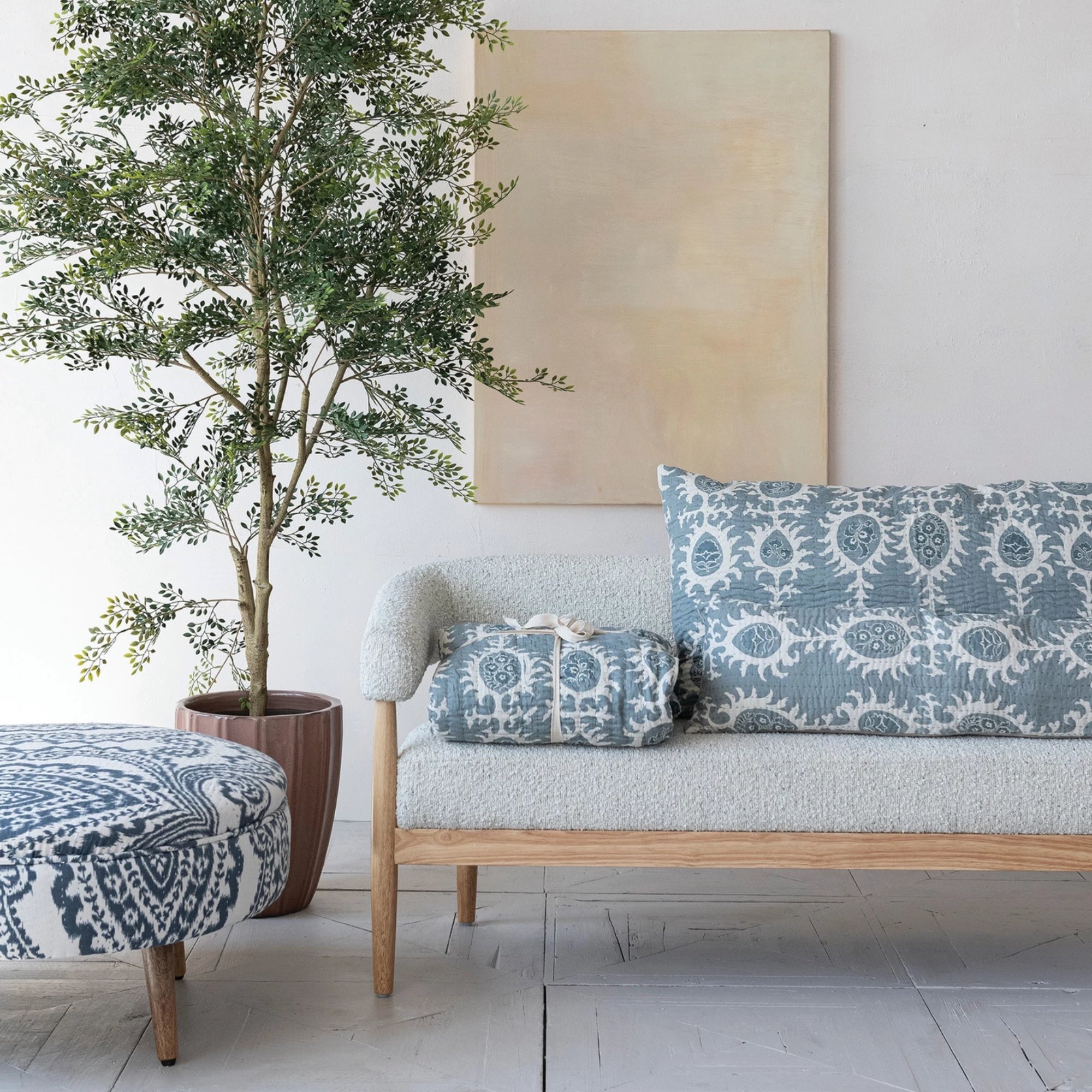 Rubberwood & Boucle Fabric Upholstered Settee (Pickup Only)