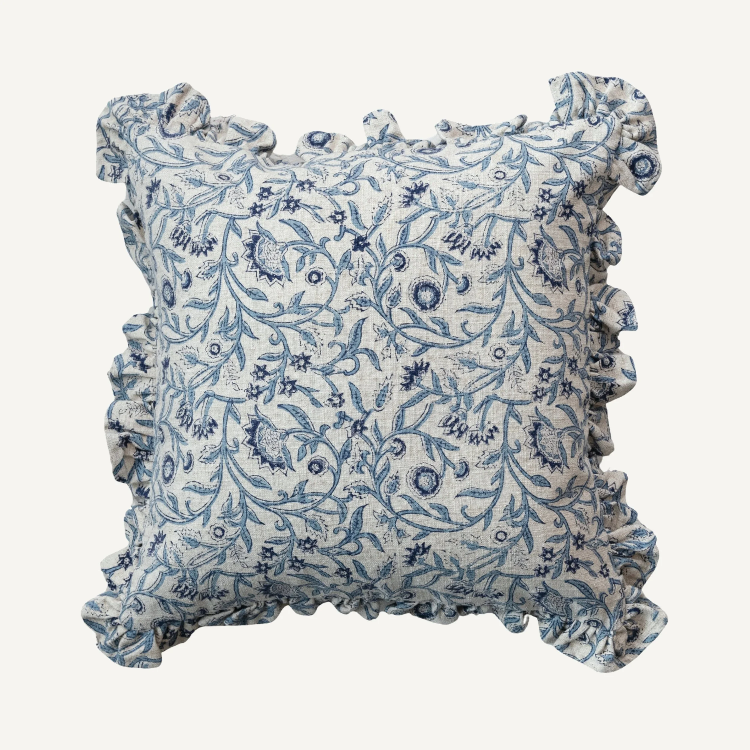 Square Cotton Blend Block Printed Pillow with Blue Pattern