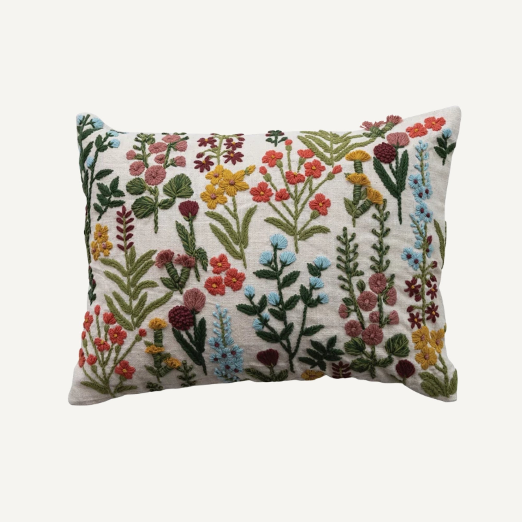 Hand Embroidered Flower Lumbar Pillow