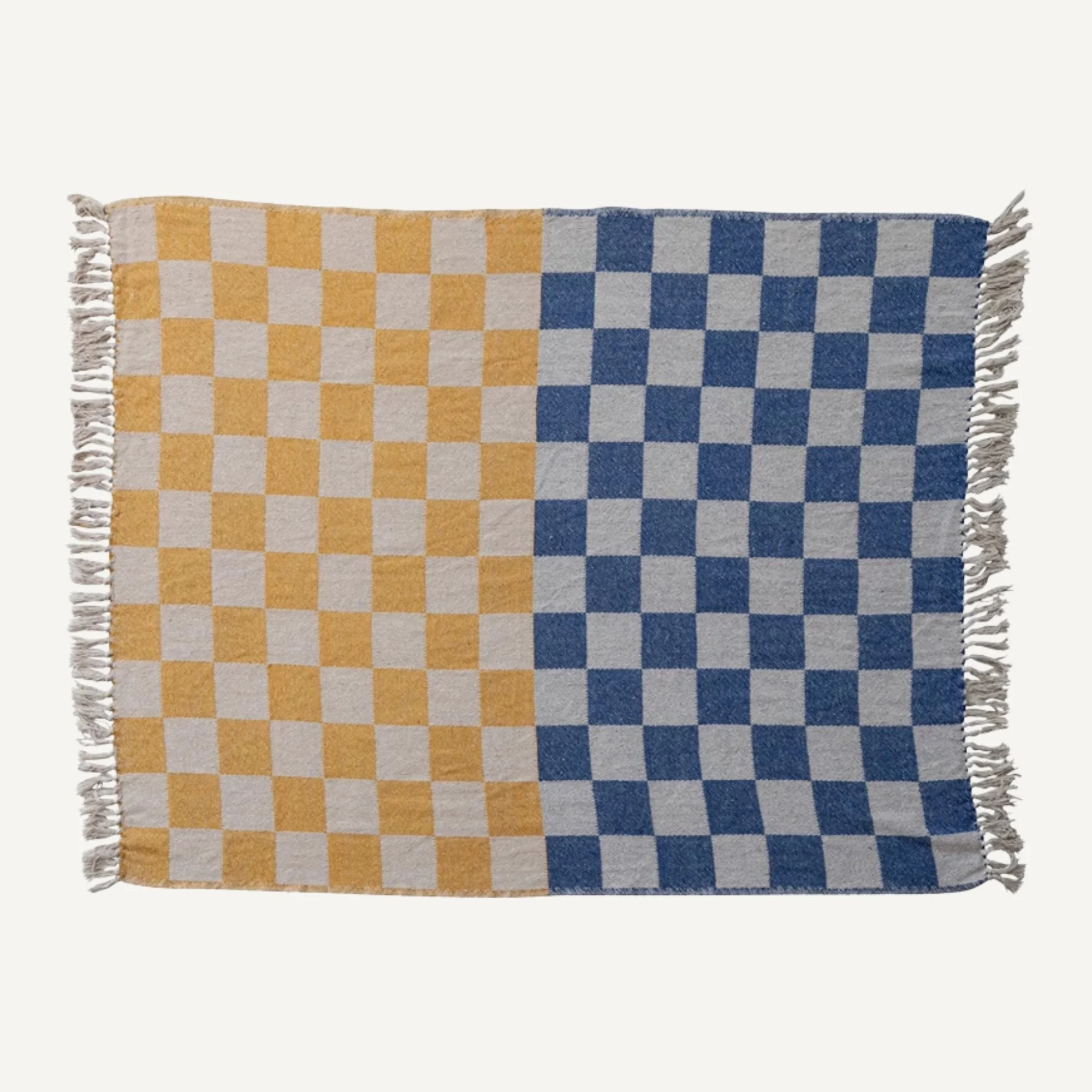 Woven Cotton Throw with Blue and Yellow Checkered Pattern
