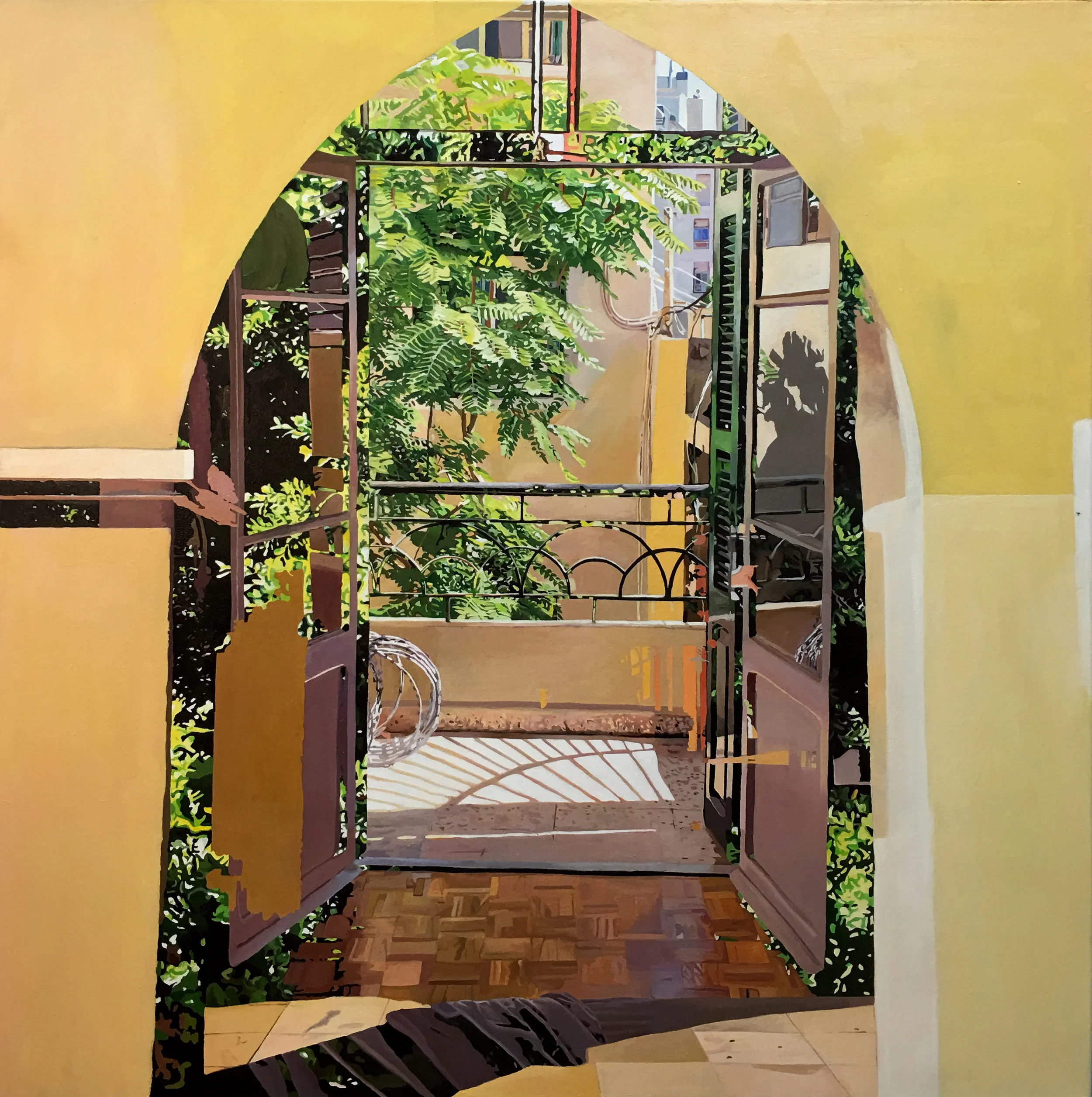 Interior/exterior #3 Balcony (Beirut), 2017, oil on canvas, 39 x 39 x 1 1/2 inches