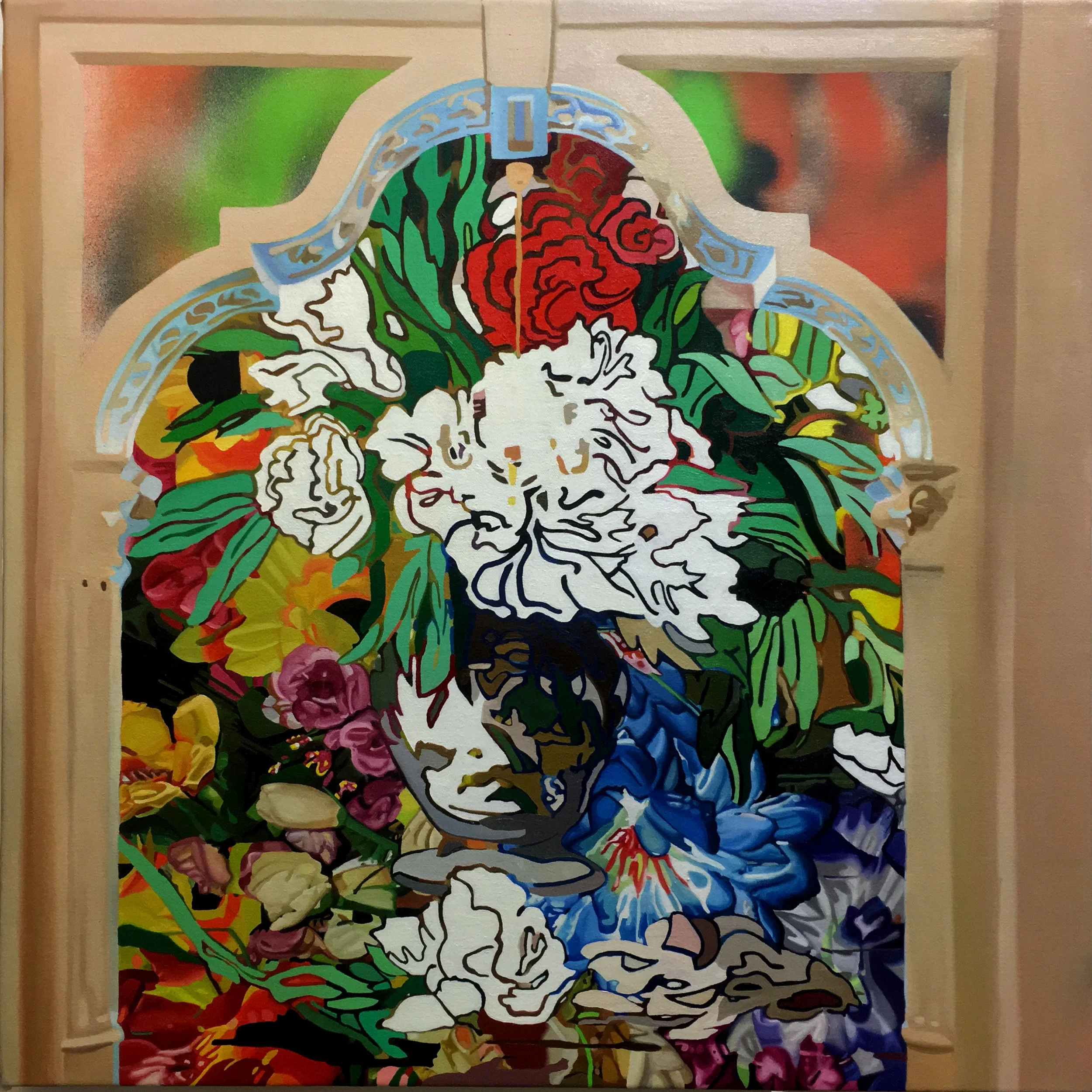 Interior Bouquet (fake) after Manet, 2017, oil on canvas, 24 x 24 x 1 1/2 inches