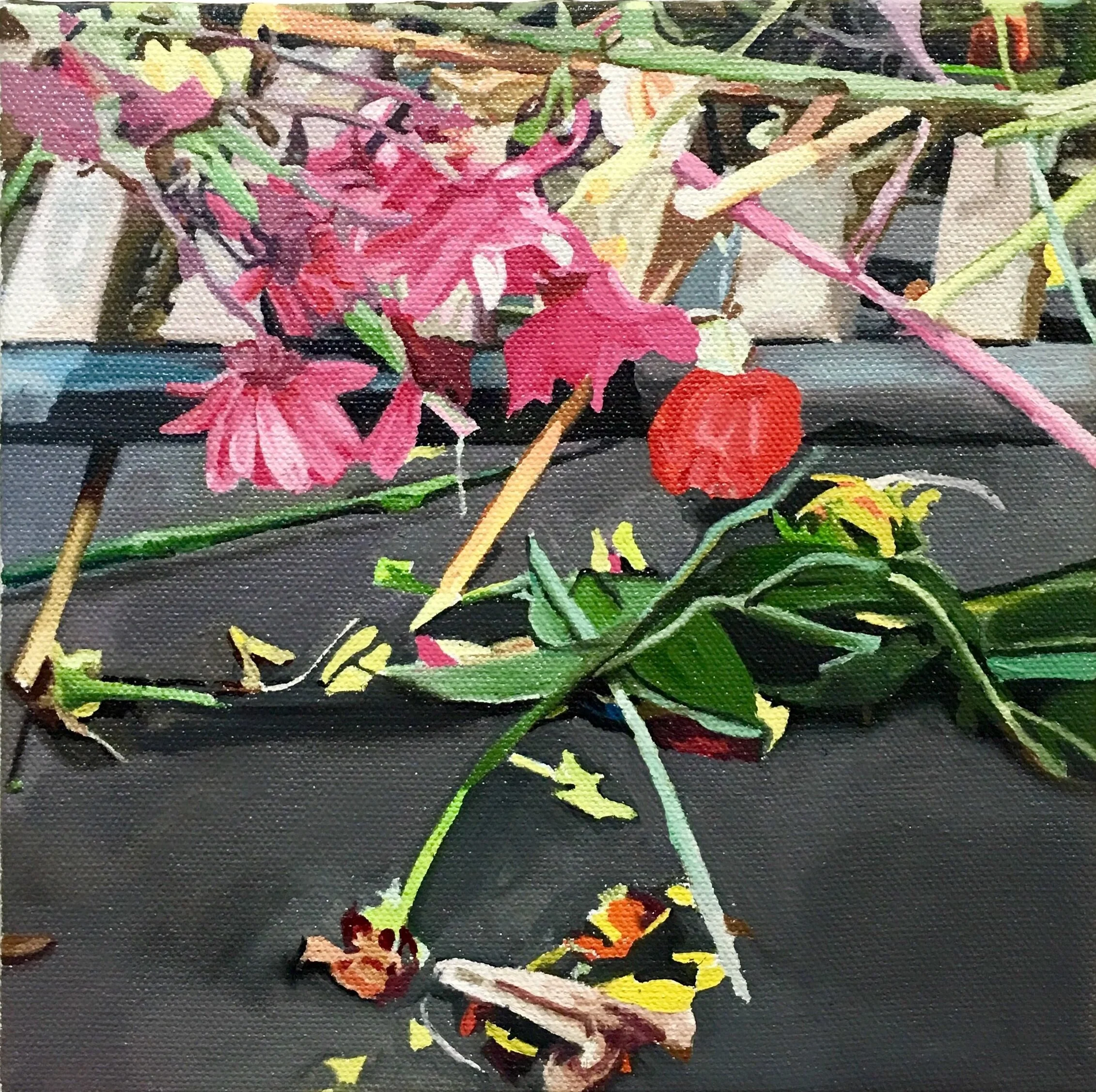 UNTITLED (BODEGA FLOWERS), 2016, OIL ON CANVAS, 8 X 8 X 1 1/2 INCHES