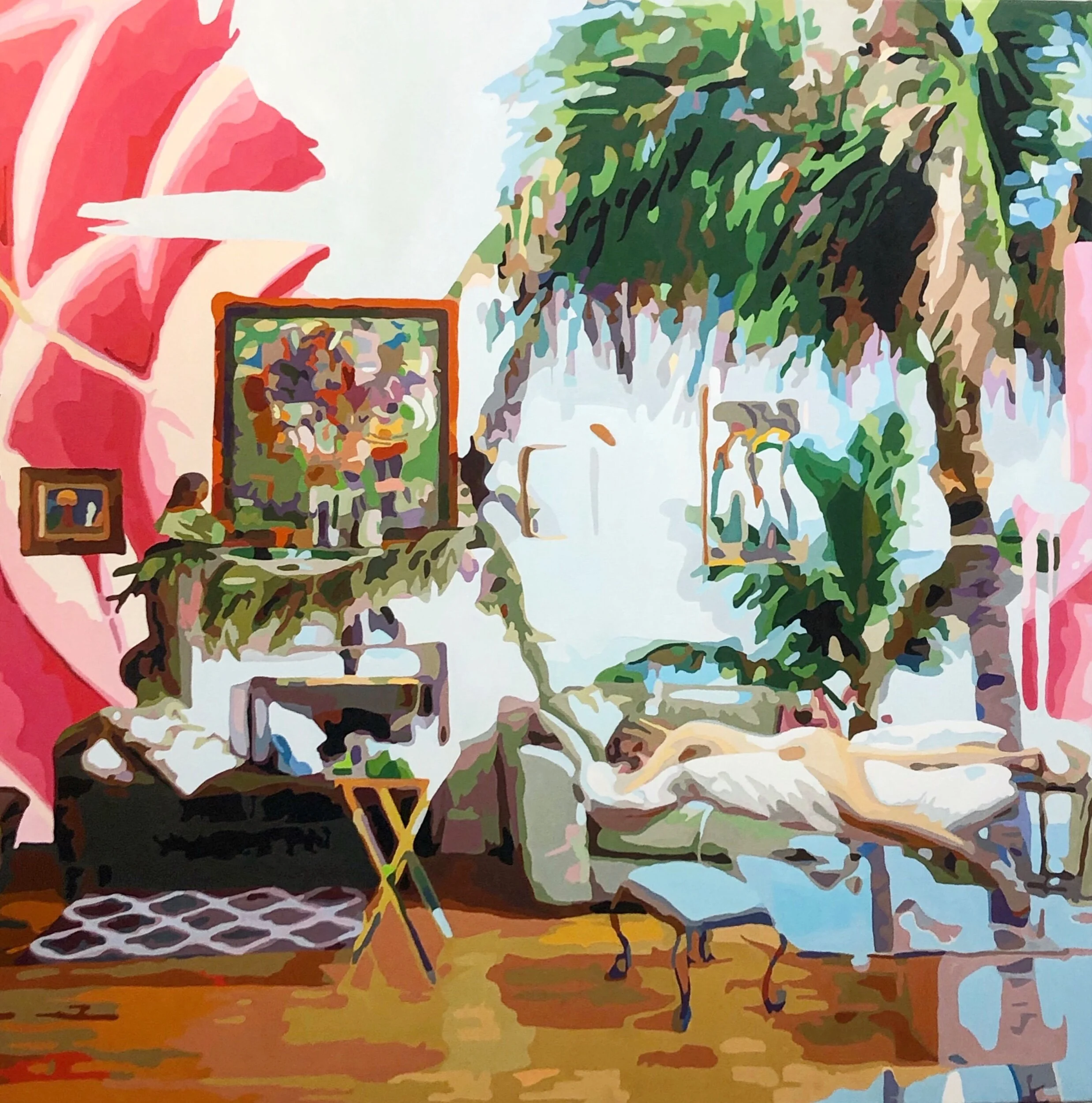 Interior/Exterior Diana in Repose, 2020, Oil on canvas, 48 x 48 x 1 1/2 inches