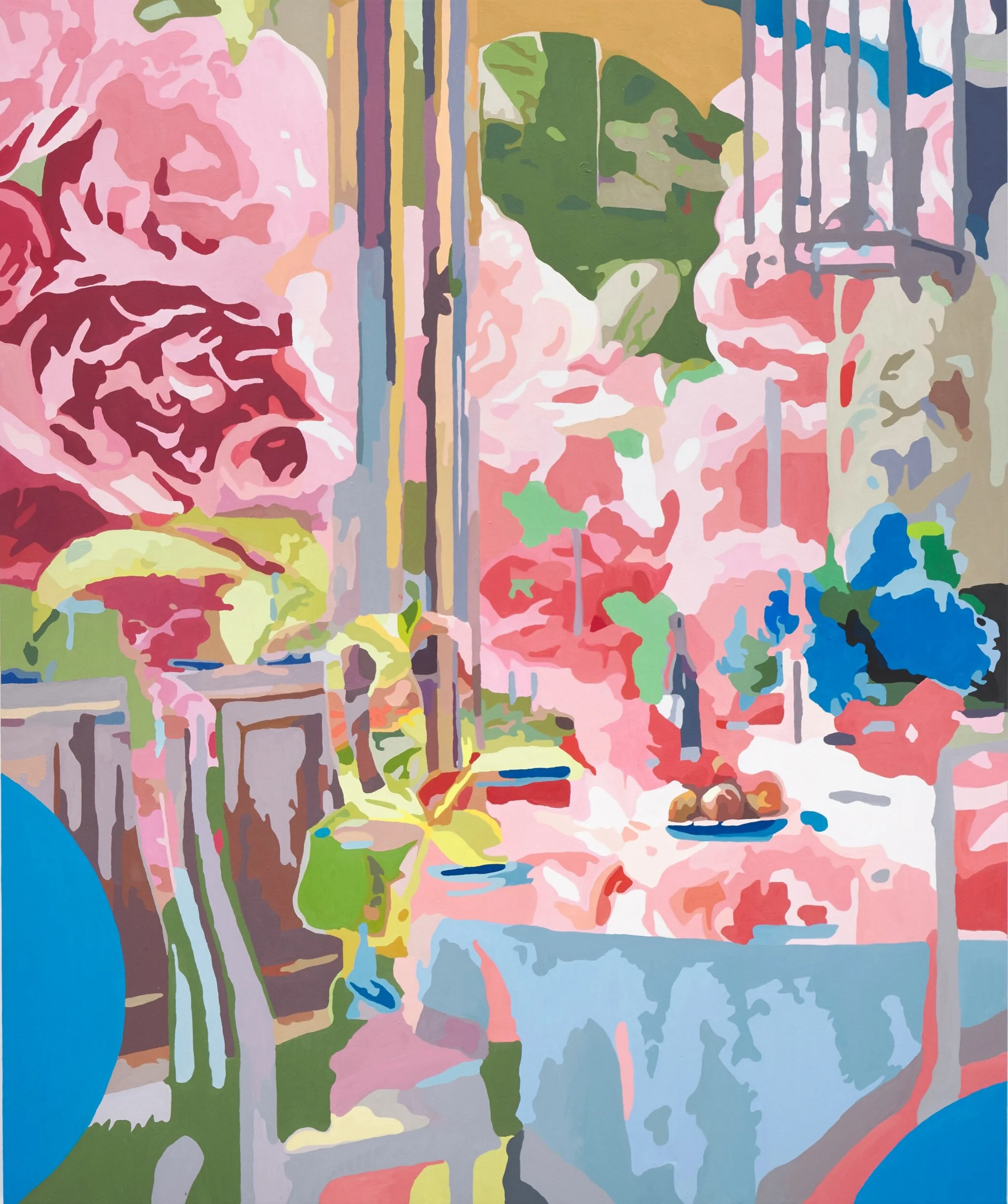 Interior/Exterior Red Green in Blue, 2020, Oil on canvas, 60 x 72 x 1 1/2 inches