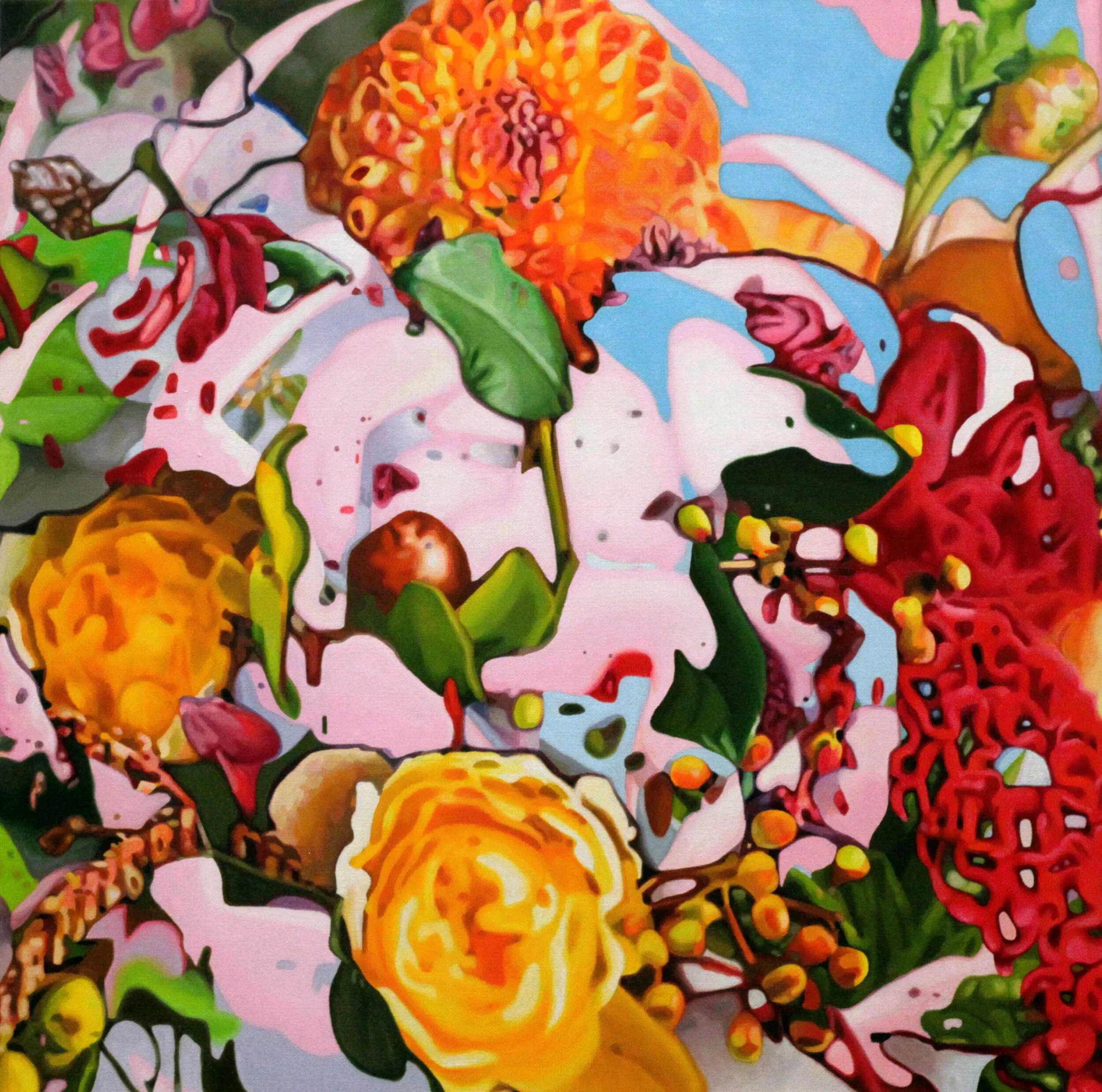 Interior/Exterior Sunshine (Flowers), 2020, Oil on canvas, 24 x 24 x 1 1/2 inches