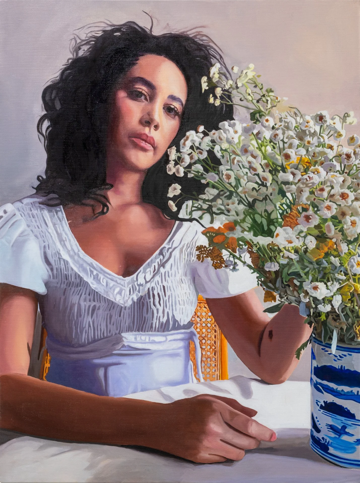Woman with Flowers (For Sandra) 2022, Oil on linen, 30 x 40 x 1 1/2 inches