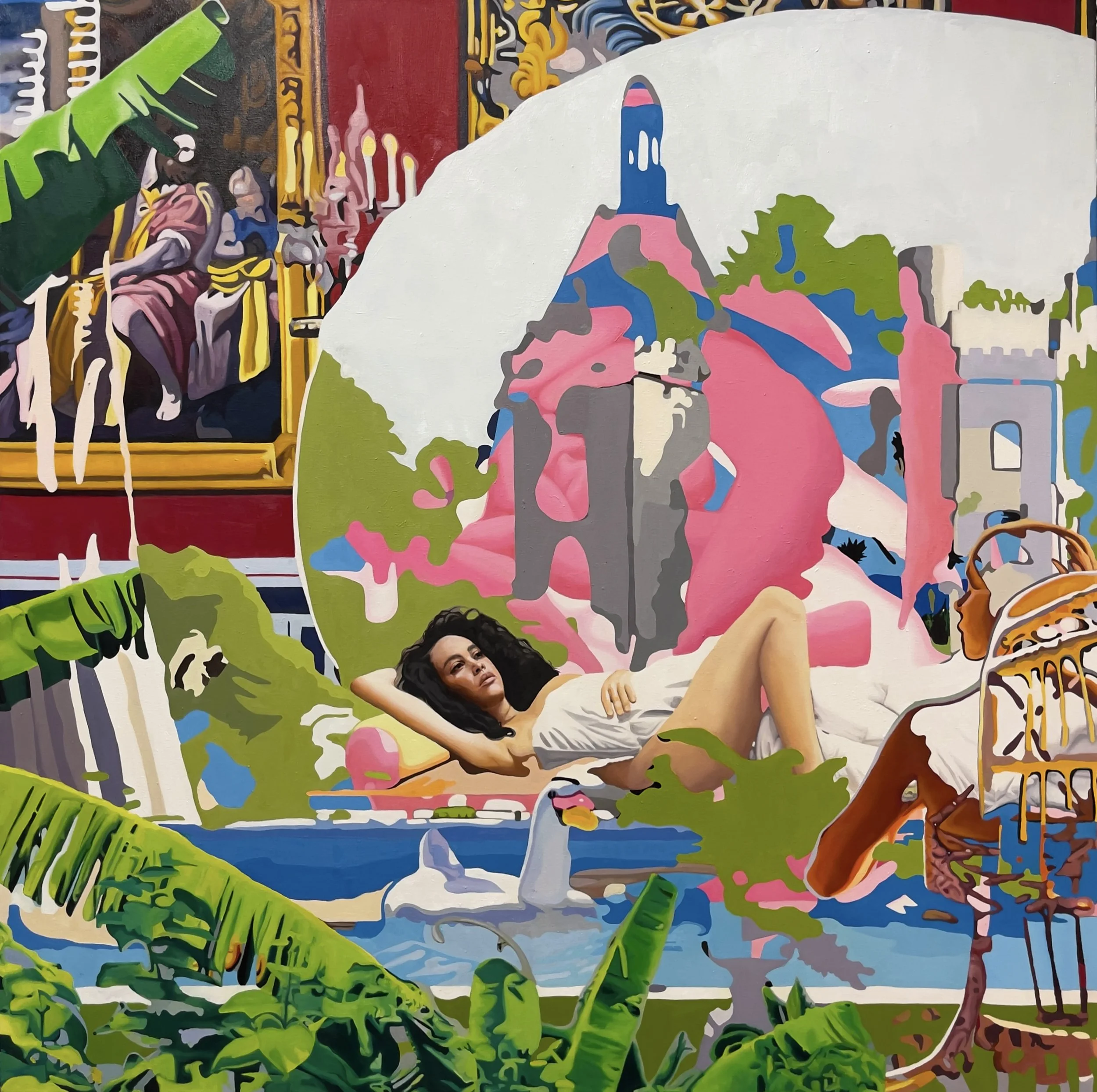 Leda and the Swan, 2022, oil on linen, 48 x 48 x 1 1/2 inches