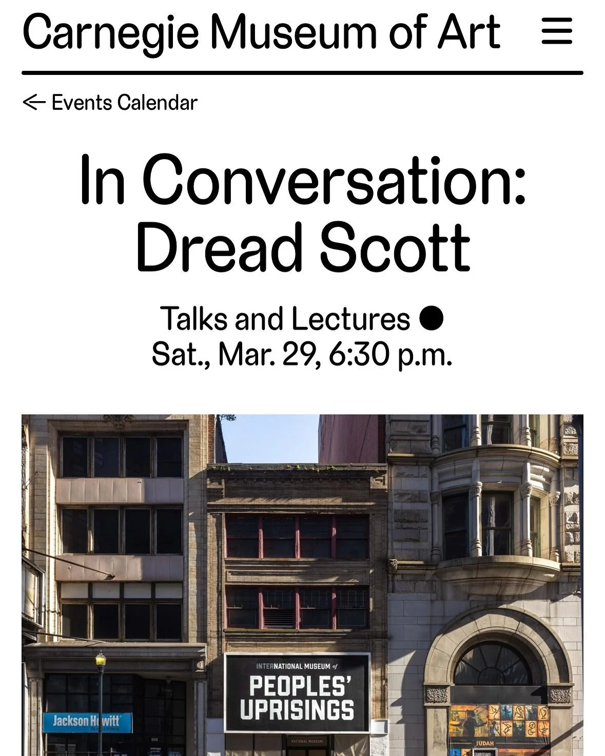 💥 Artist Dread Scott will be speaking at Carnegie Museum of Art on March 29th at 6:30pm💥

Dread, the current artist featured in The National Museum, will talk about his work and his version of the museum titled &ldquo;International Museum of People