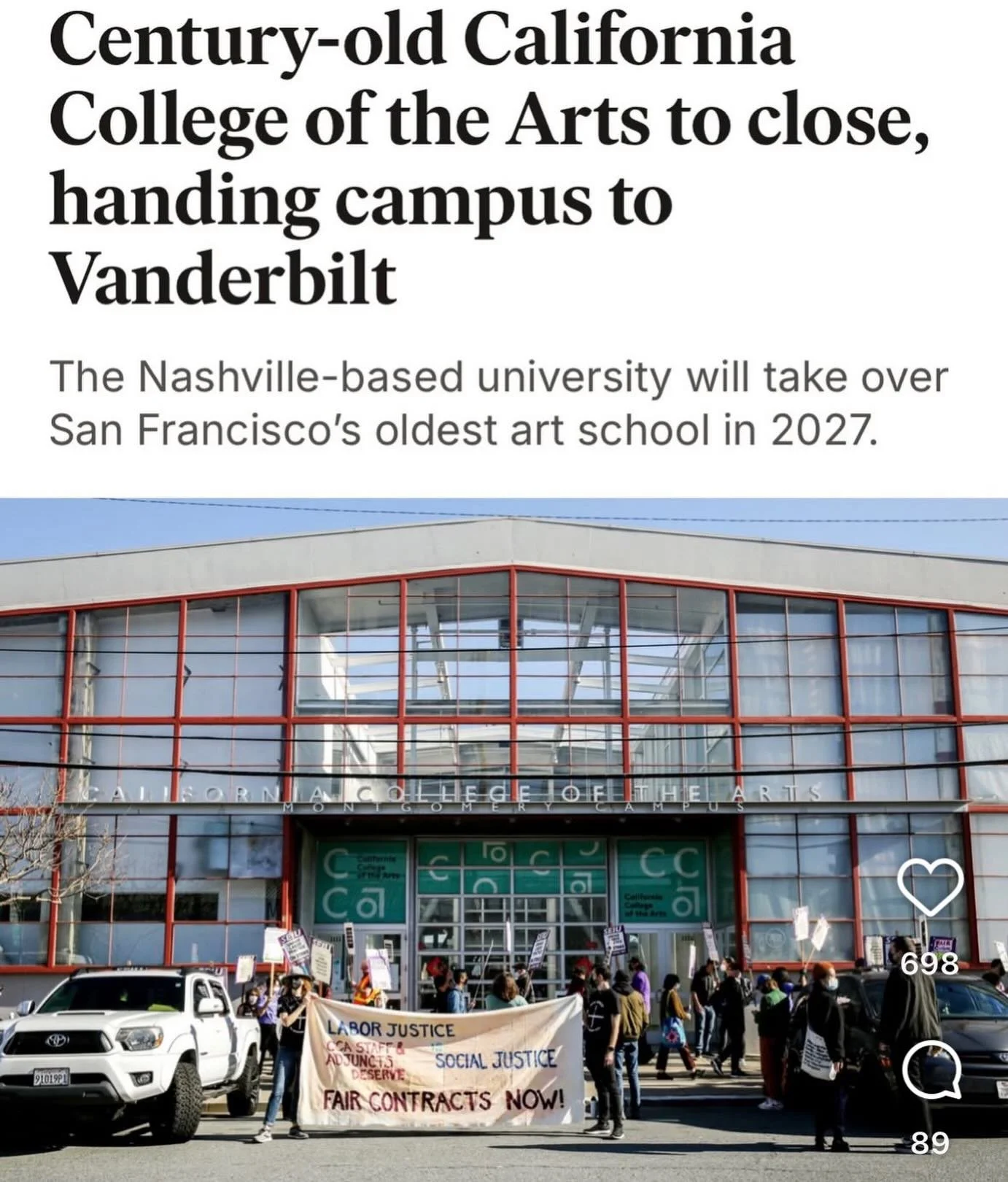 My heart breaks for all of the staff, faculty and students at CCA. What a shitty way for this to end.

Art schools are nothing more than people&mdash;not buildings, not endowments, not &ldquo;innovation centers,&rdquo; not AI hubs, not real estate in
