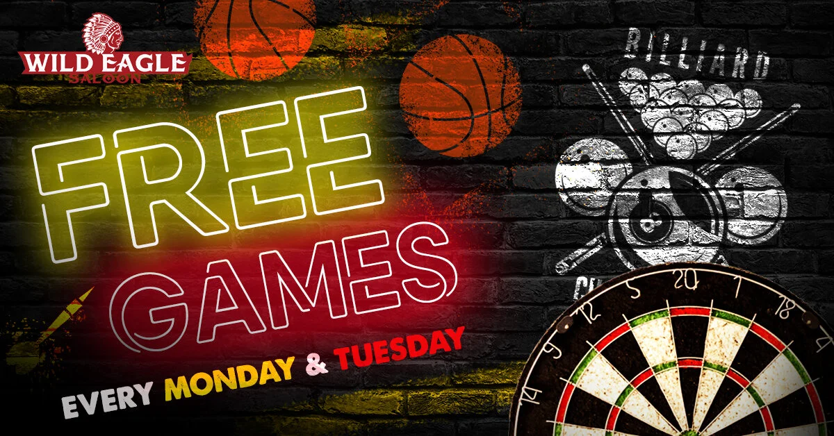 Facebook AD promoting free game night at Wild Eagle Saloon.