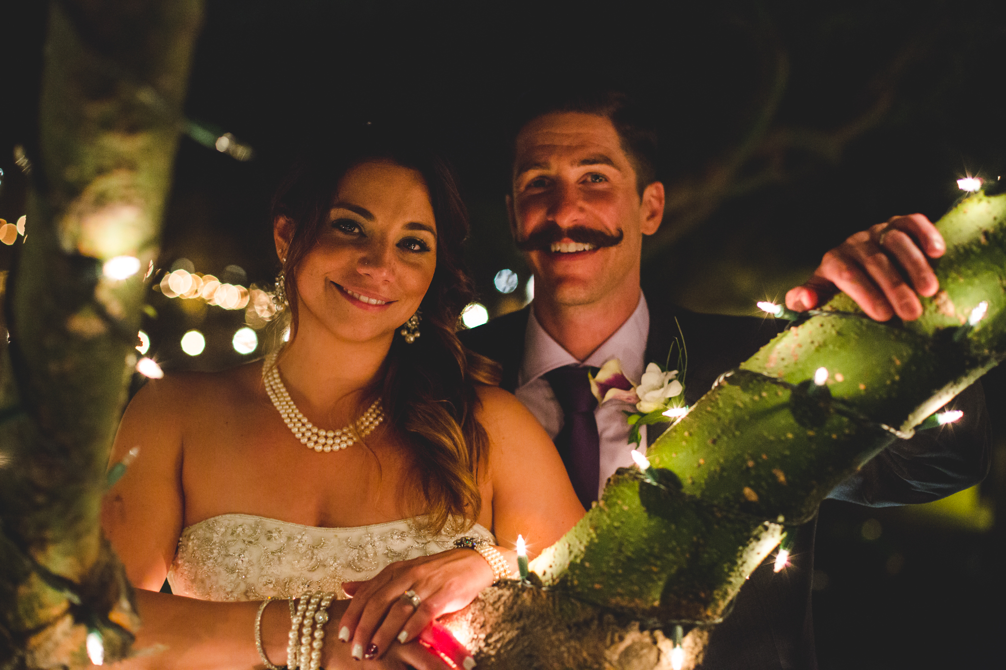 lc bride and groom twinkle lights portrait