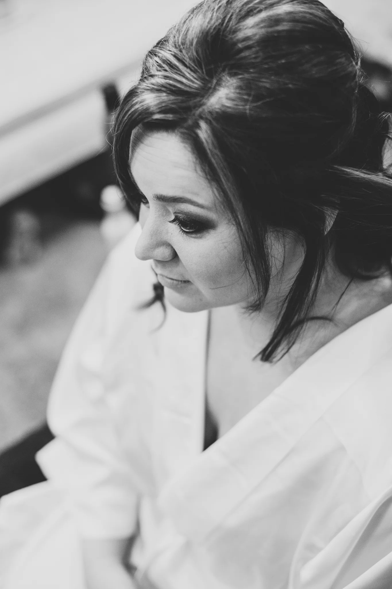 bw bride getting makeup done mj