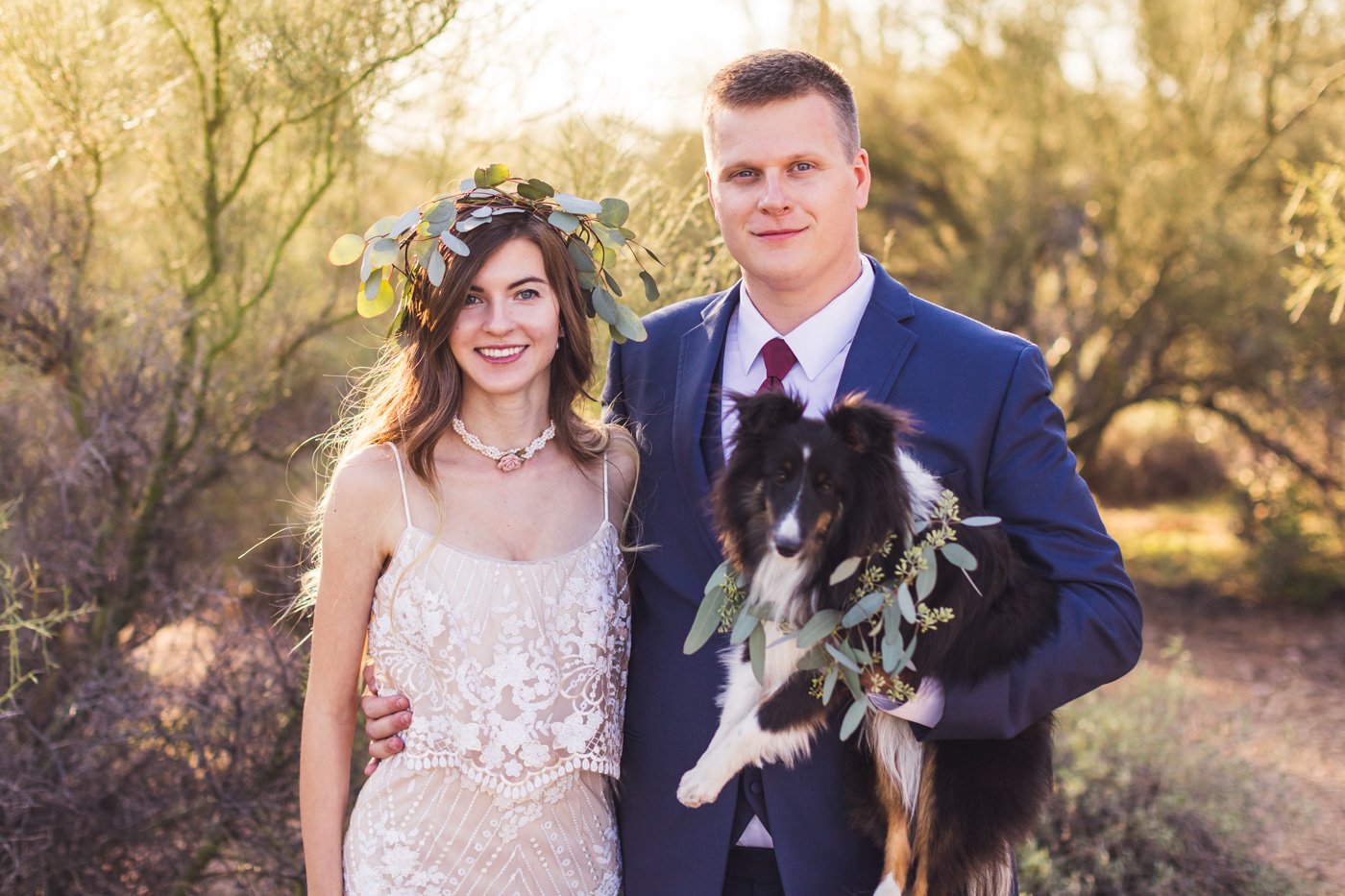 bride-groom-and-dog-at-desert-wedding