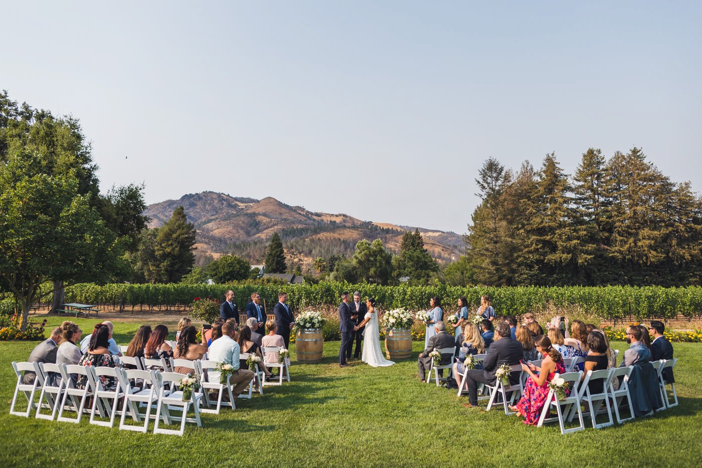 wedding ceremony in front of vineyards and mountain backdrop