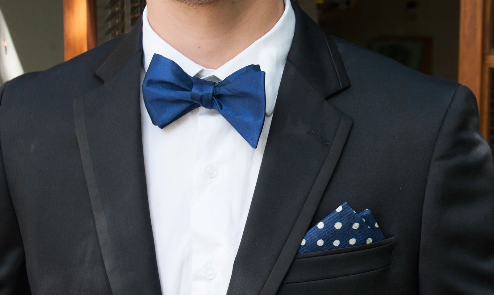 Navy Stain, w. embroidery on back. Large butterfly shape. Mismatch Pocket square.