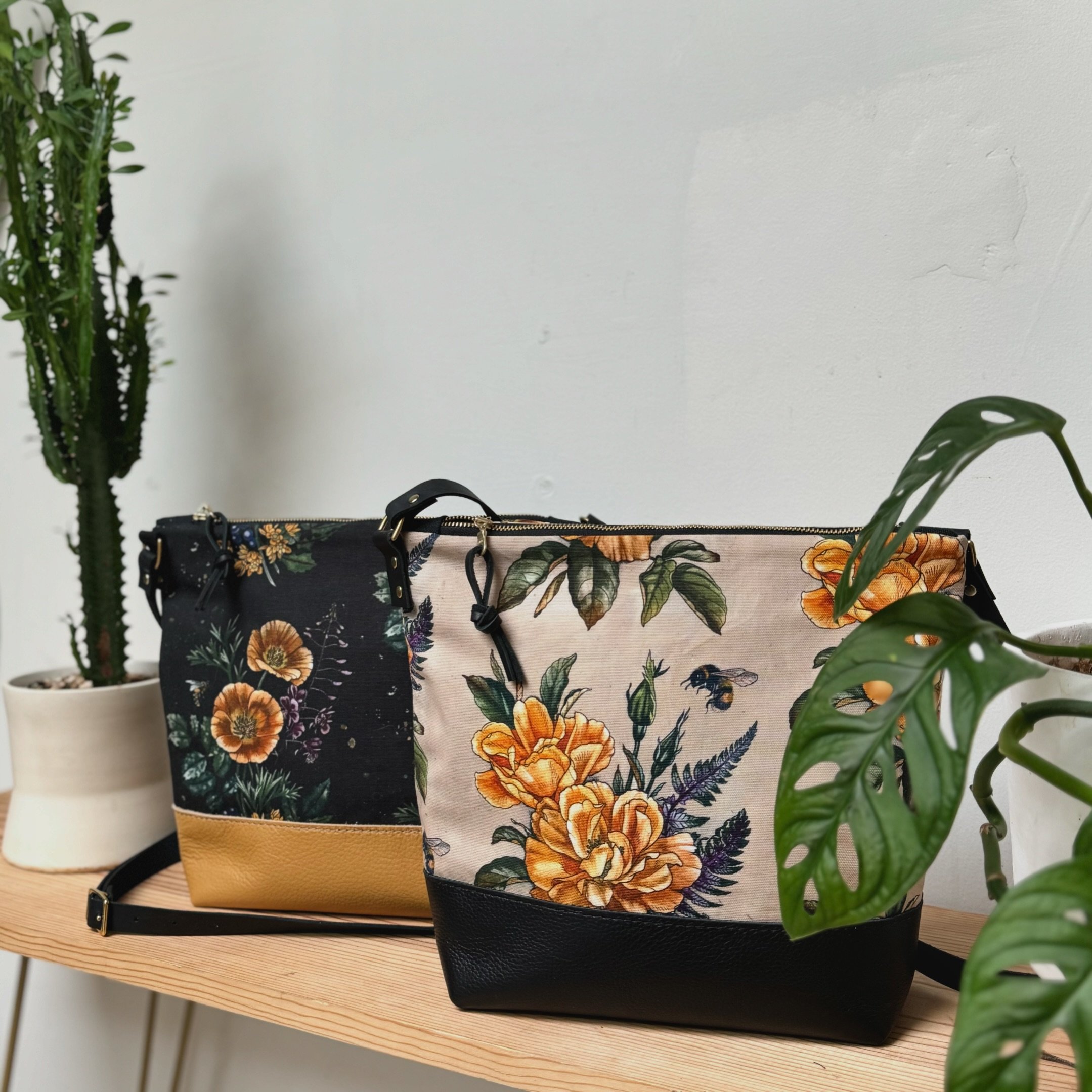 I LOVE this new bag! Our new Coco Crossbody, shown here in gorgeous fabrics designed by @alicestattoos of @wonderlandpdx 💛 California Poppy, Alaskan Fireweed, Oregon Grape &amp; Honey Bee AND Yellow Rose with Fern &amp; Bee. The perfect size and 4 i